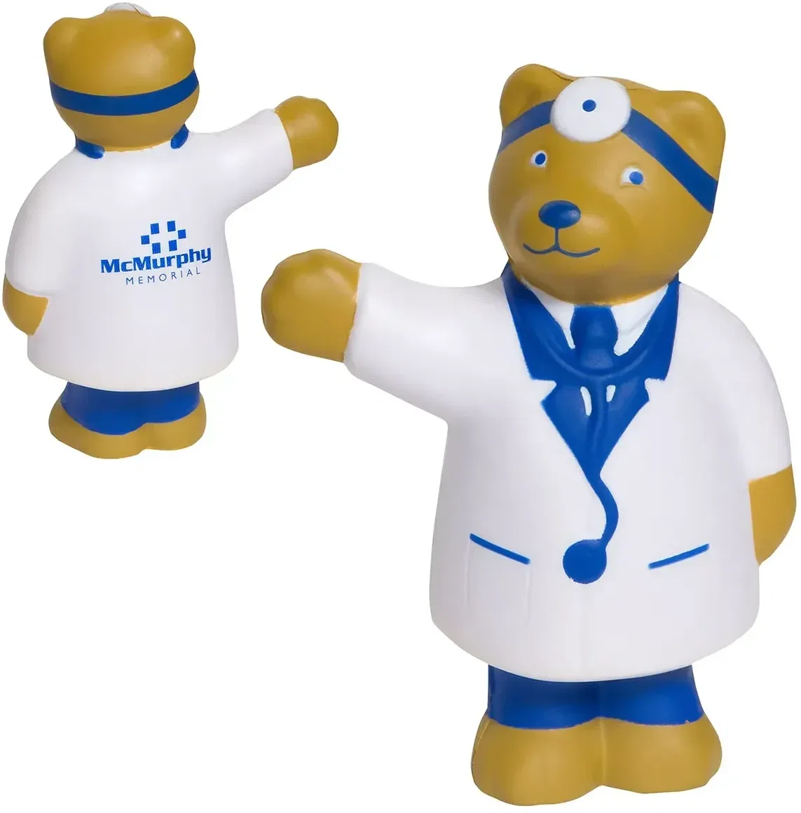 Doctor Bear Stress Reliever, a custom bear-in-a-coat squeeze toy for branded pediatric clinic giveaways