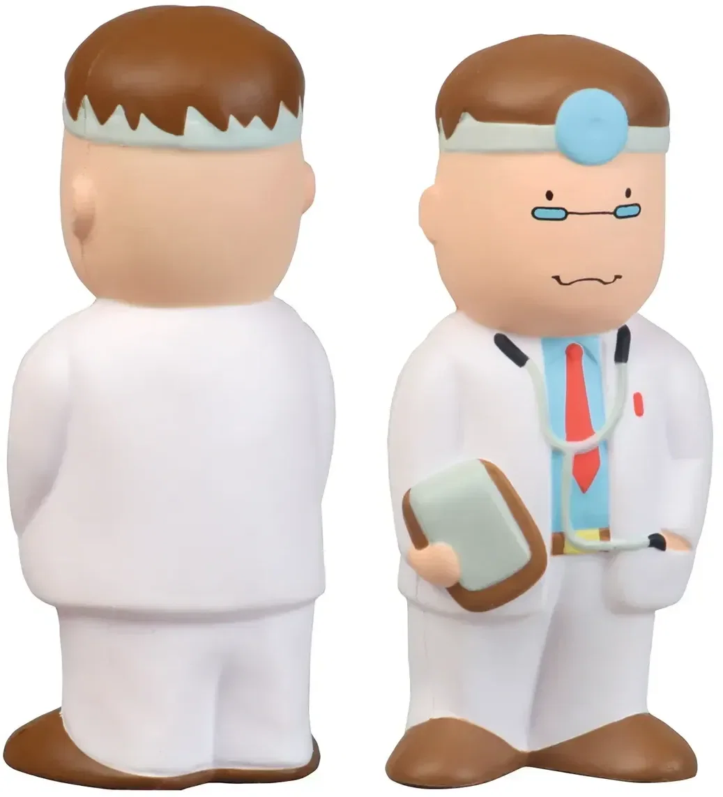 Doctor Stress Reliever, a custom physician-figure squeeze toy for logo-branded healthcare promotions