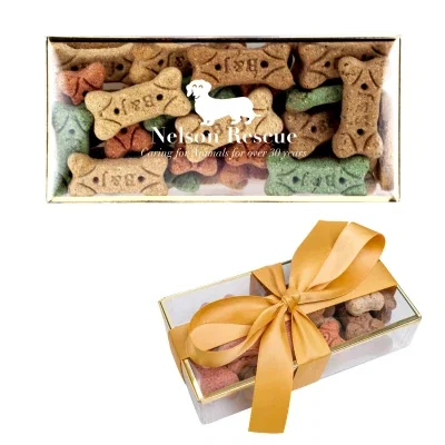 Clear box with gold trim holding a serving of dog bones