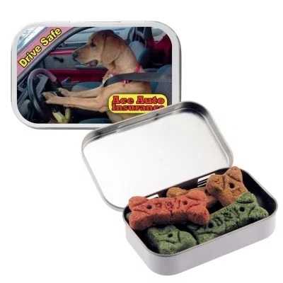 Silver tin filled with bones for rewarding dogs at home