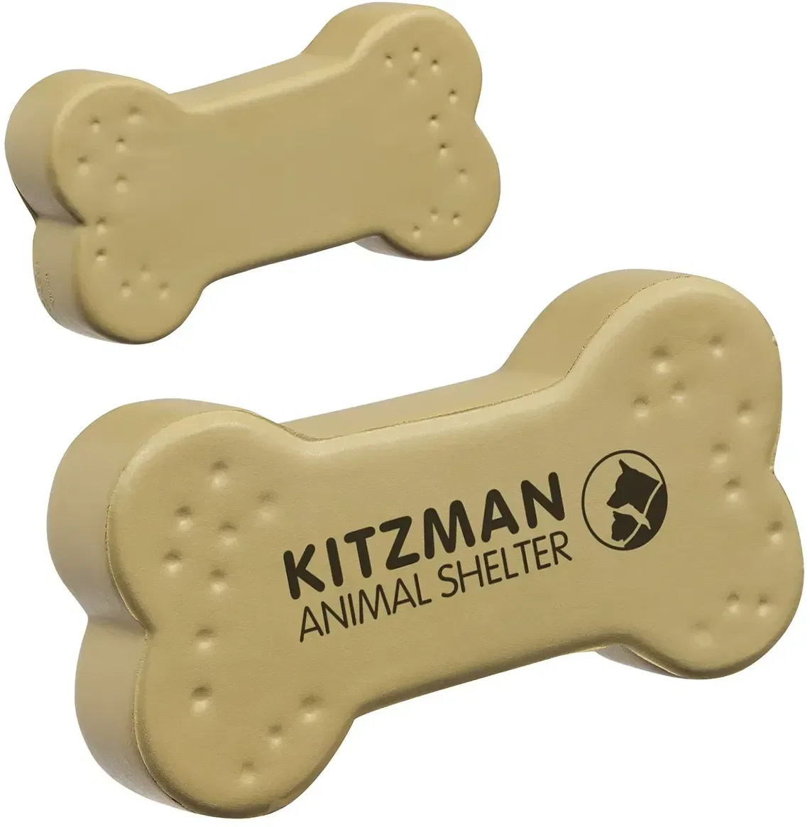 Custom Dog Treat Shaped Stress Reliever, branded foam squeeze toy shaped like a dog bone for vet logo giveaways