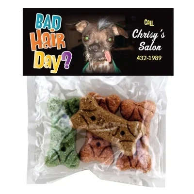 Treat bag topped with a printed header card for pet giveaways