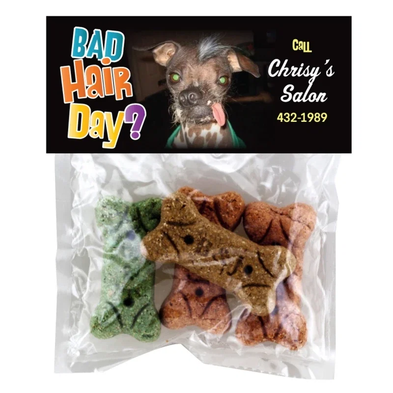 Header card detail above a sealed pouch of dog snacks