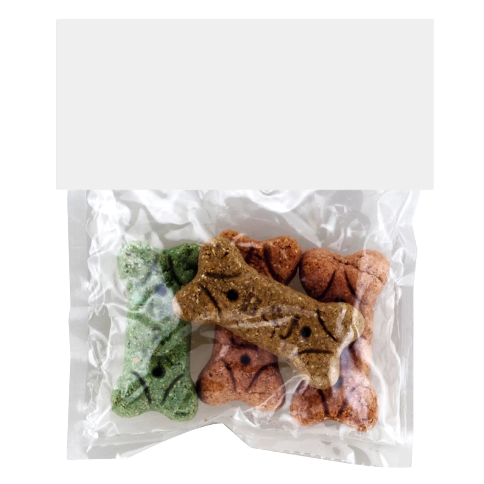 Bagged pet treats hanging from a wide branded card
