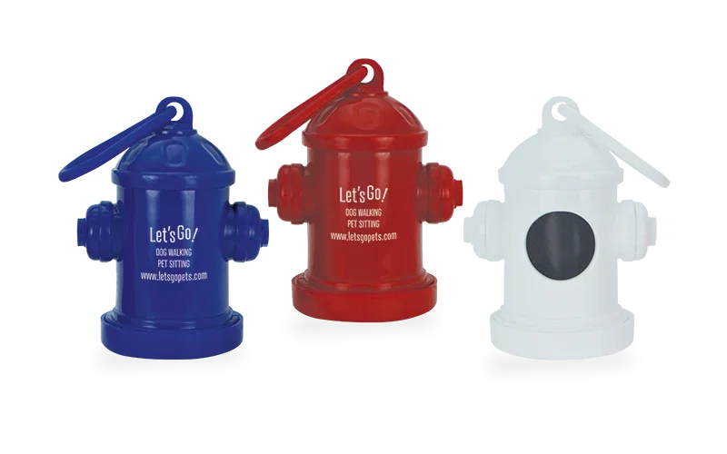 Doggy Pal Leash-Clip Bag Holder. Fire-hydrant-shaped waste bag dispenser that clips to a leash for dog park giveaways