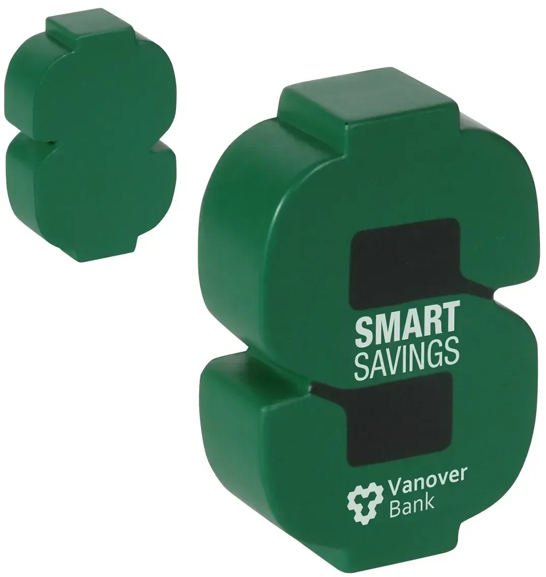Custom Dollar Sign Stress Reliever, close-up of promotional foam squeeze toy logo imprint area
