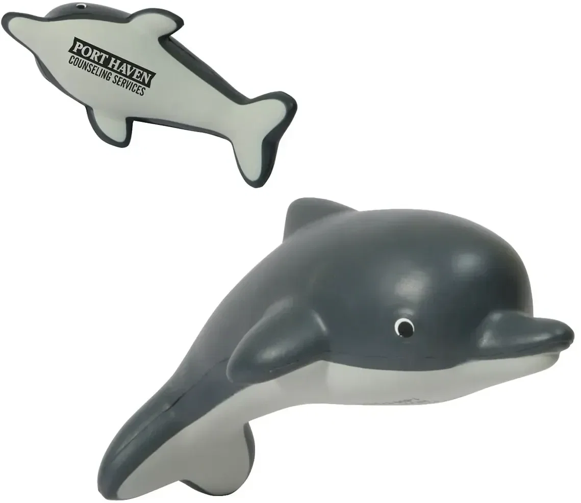 Custom Dolphin stress reliever, branded dolphin-shaped squeeze toy for logo giveaways