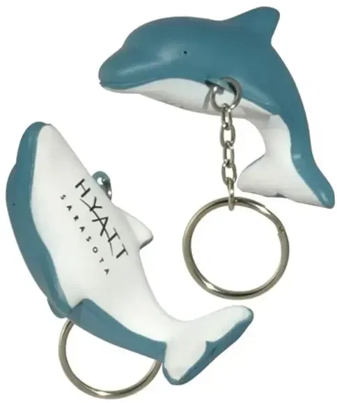 Dolphin Stress Reliever Keychain, a custom logo dolphin-shaped promotional stress ball clipped to keys