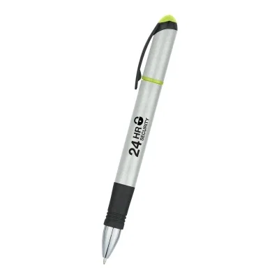 Ballpoint pen topped with a yellow highlighter at one end