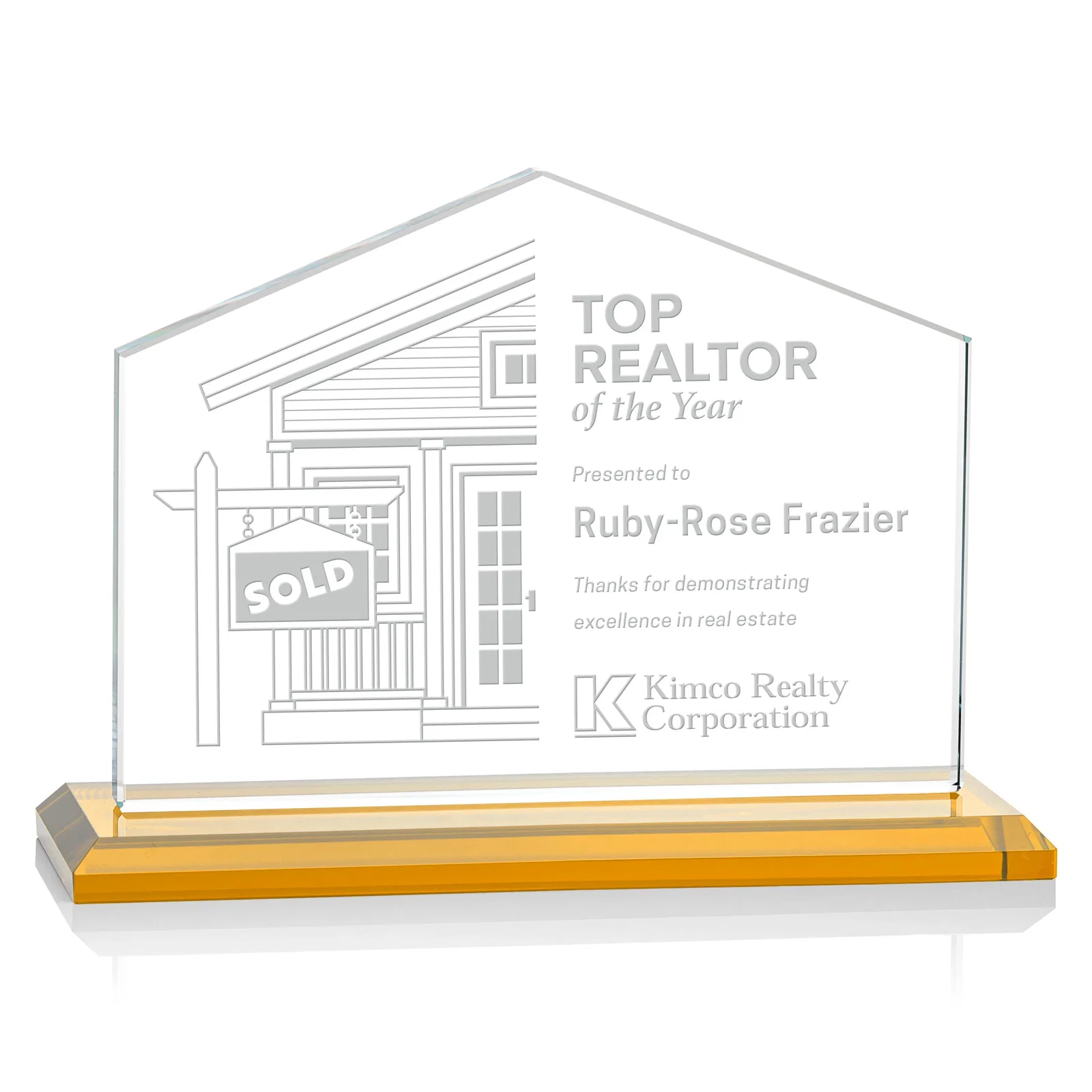 Custom Starfire Crystal Real Estate Award in Eight Base Colors for volunteer appreciation