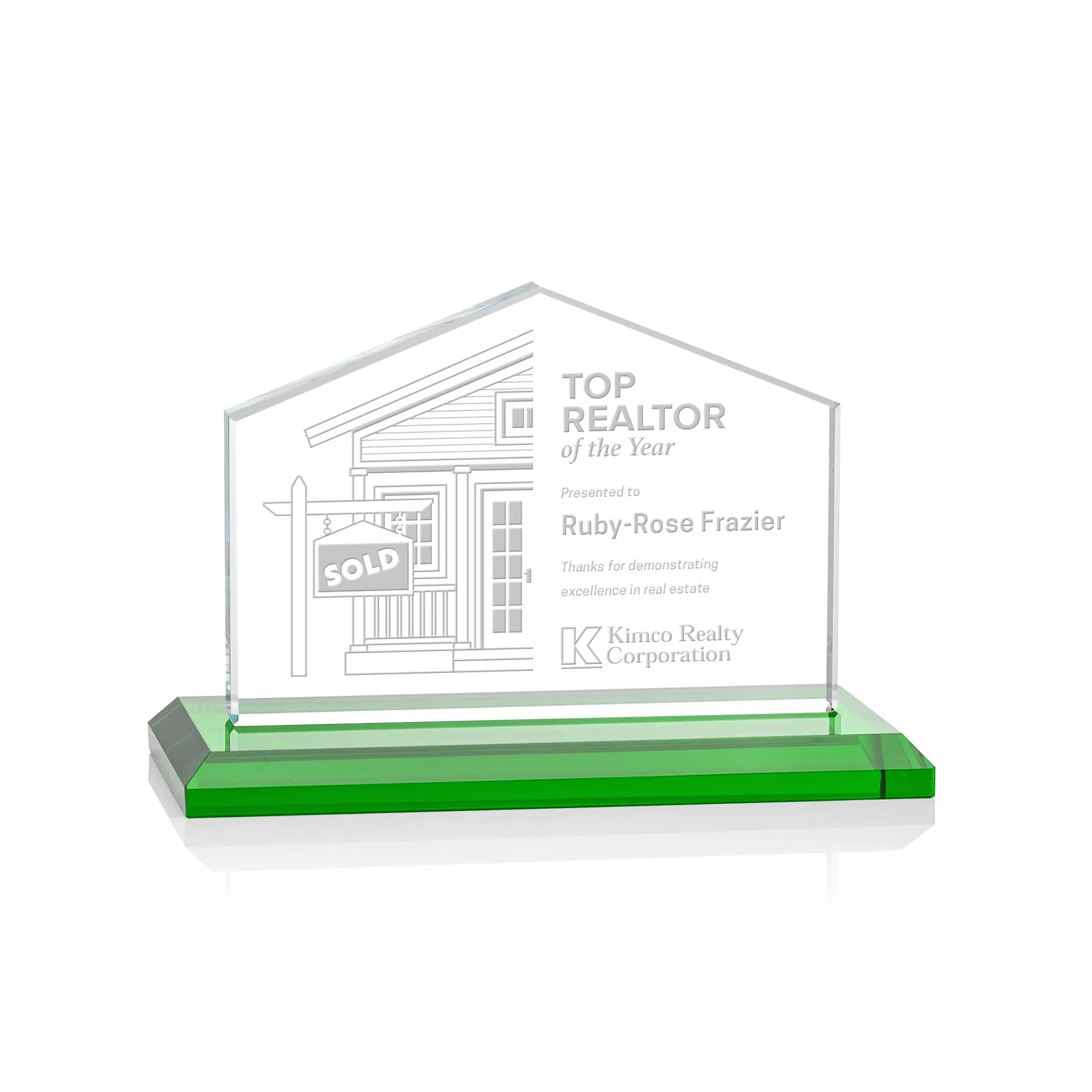 Personalized Starfire Crystal Real Estate Award in Eight Base Colors for employee recognition