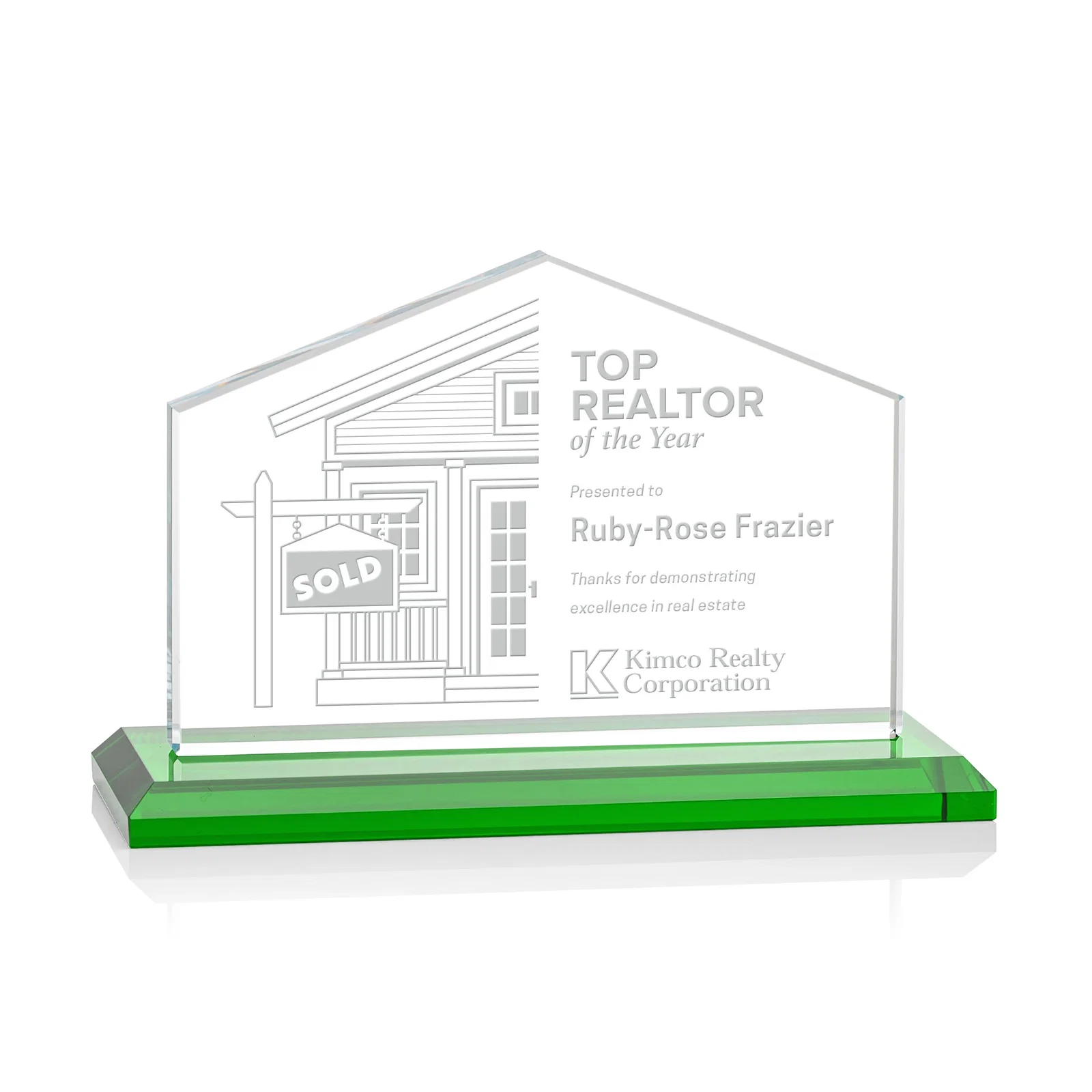 Personalized Starfire Crystal Real Estate Award in Eight Base Colors for corporate award ceremonies
