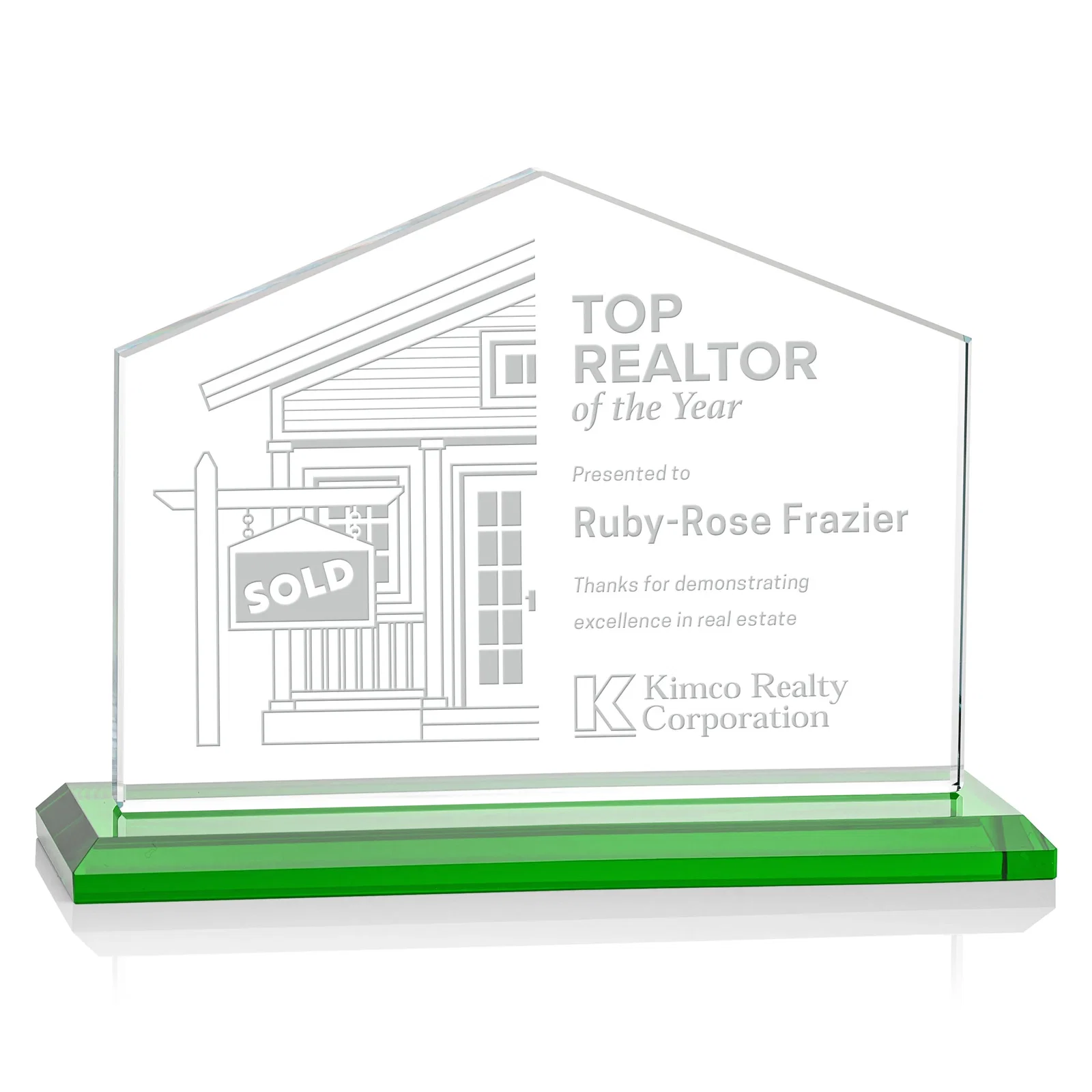Personalized Starfire Crystal Real Estate Award in Eight Base Colors for service anniversary gifts