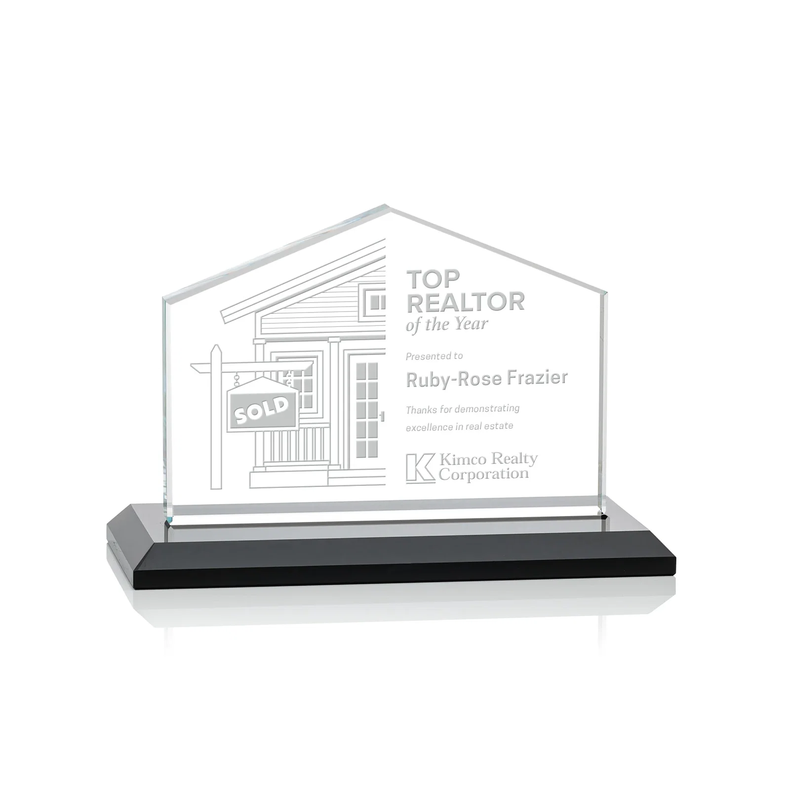 Personalized Starfire Crystal Real Estate Award in Eight Base Colors for team milestone celebrations