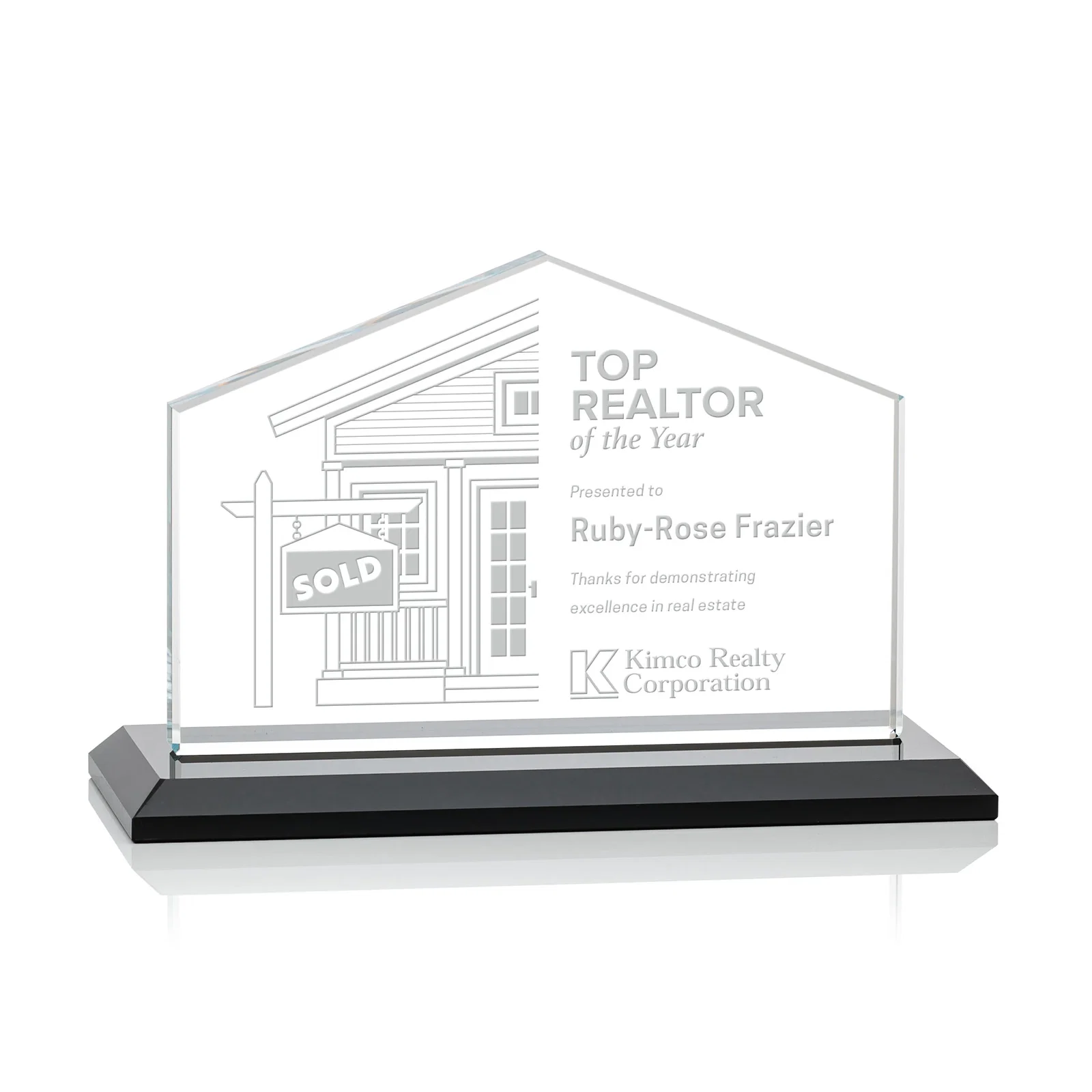 Personalized Starfire Crystal Real Estate Award in Eight Base Colors for donor appreciation