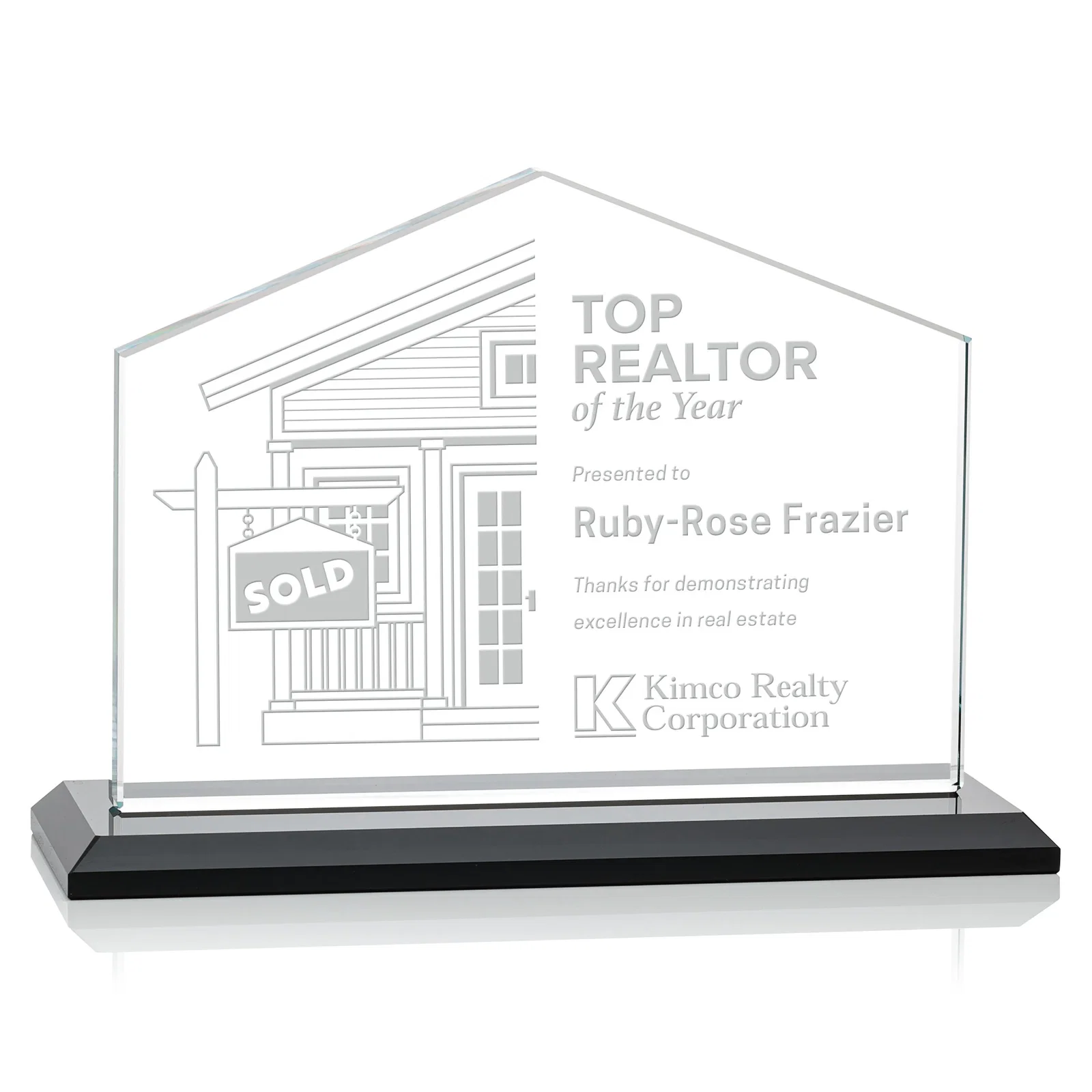 Personalized Starfire Crystal Real Estate Award in Eight Base Colors for graduation ceremonies