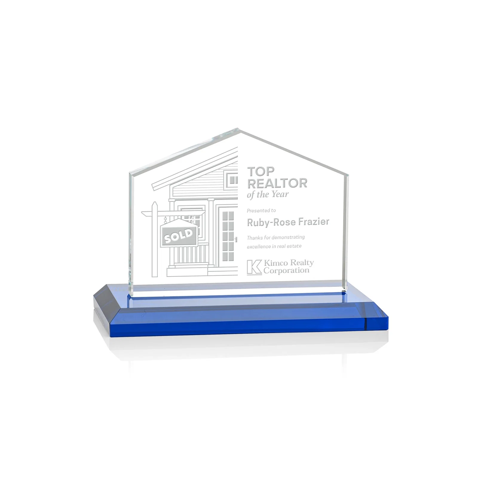 Personalized Starfire Crystal Real Estate Award in Eight Base Colors for volunteer appreciation