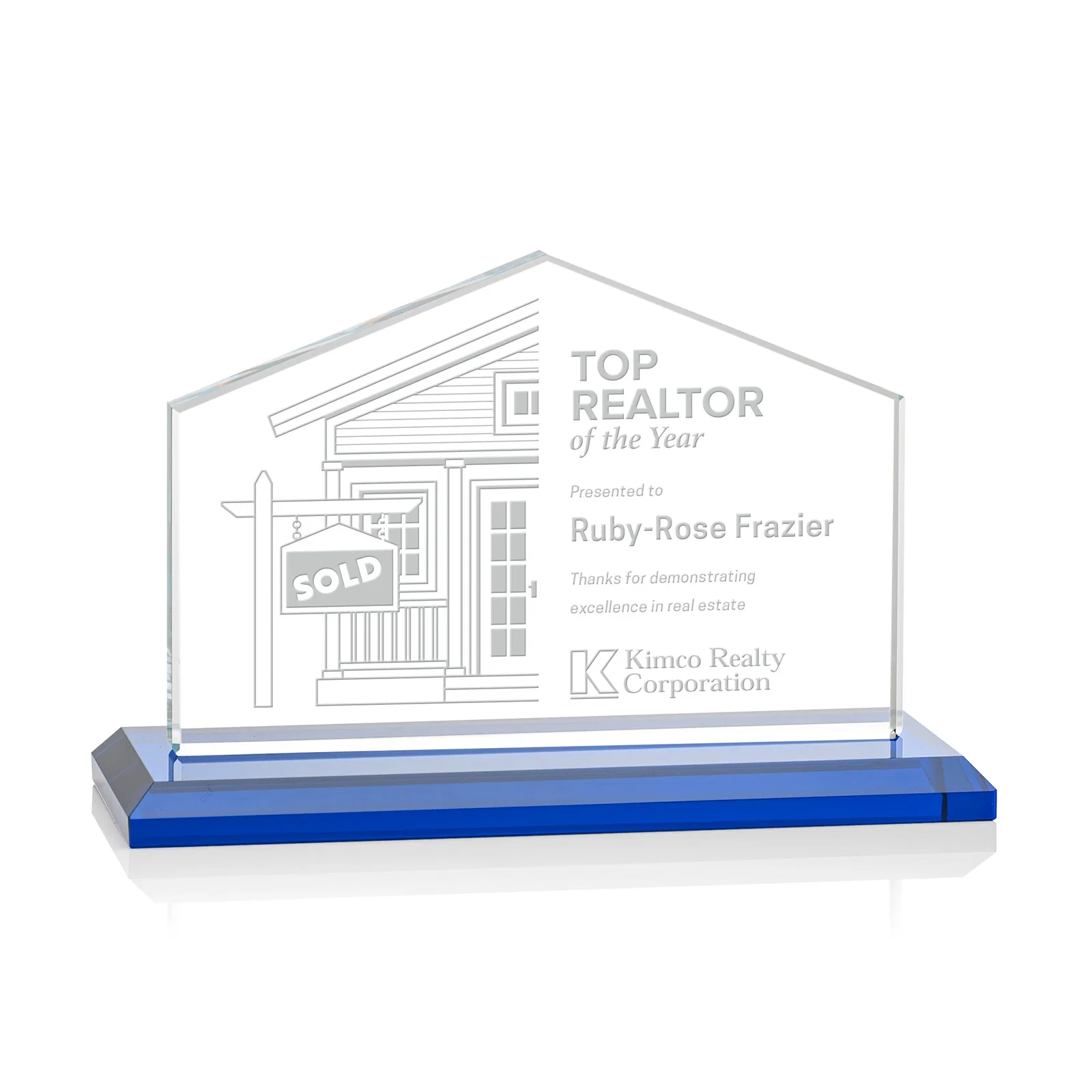 Personalized Starfire Crystal Real Estate Award in Eight Base Colors for company anniversary events