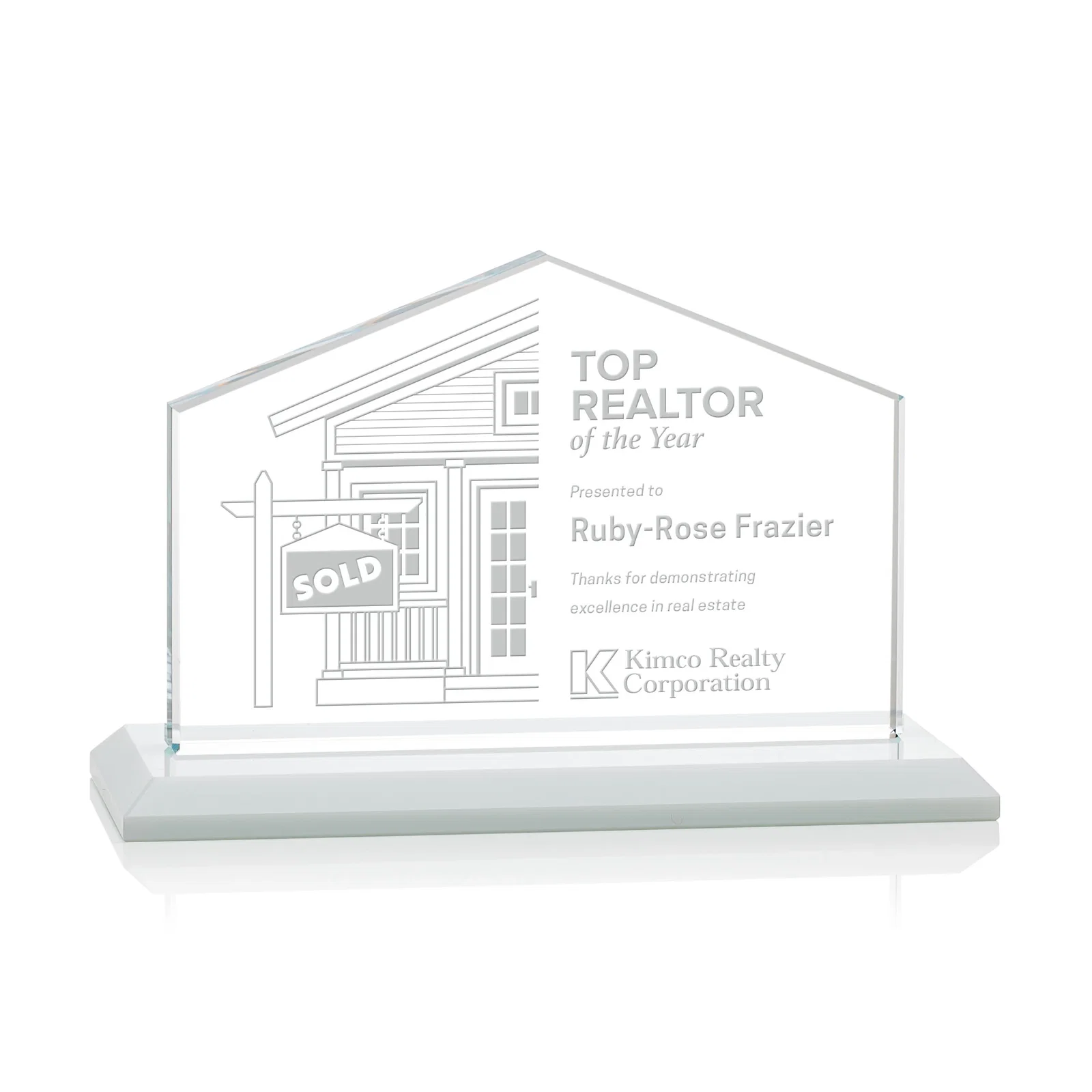 Branded Starfire Crystal Real Estate Award in Eight Base Colors for service anniversary gifts