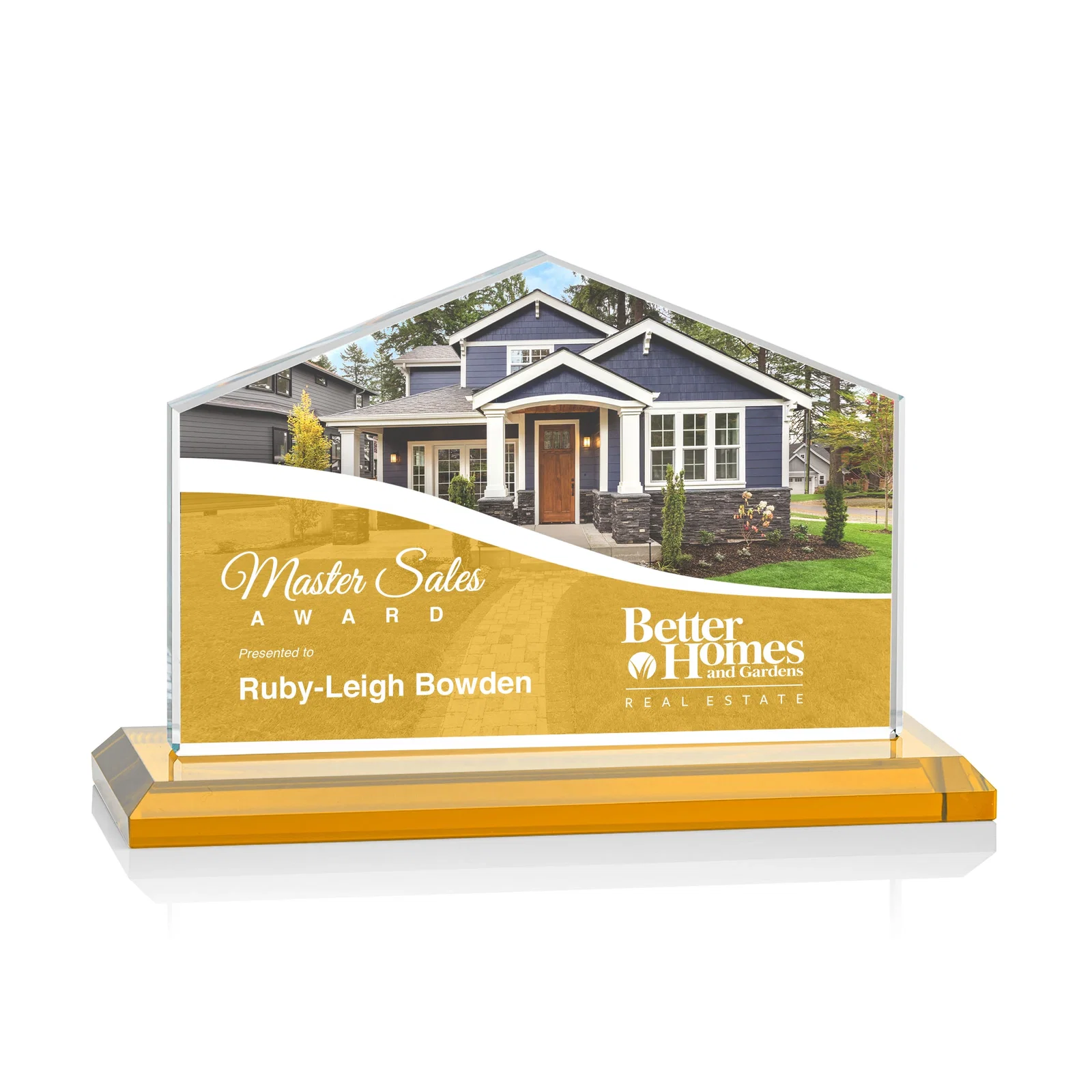 Custom printed Starfire Crystal Real Estate Award in Eight Base Colors for employee recognition
