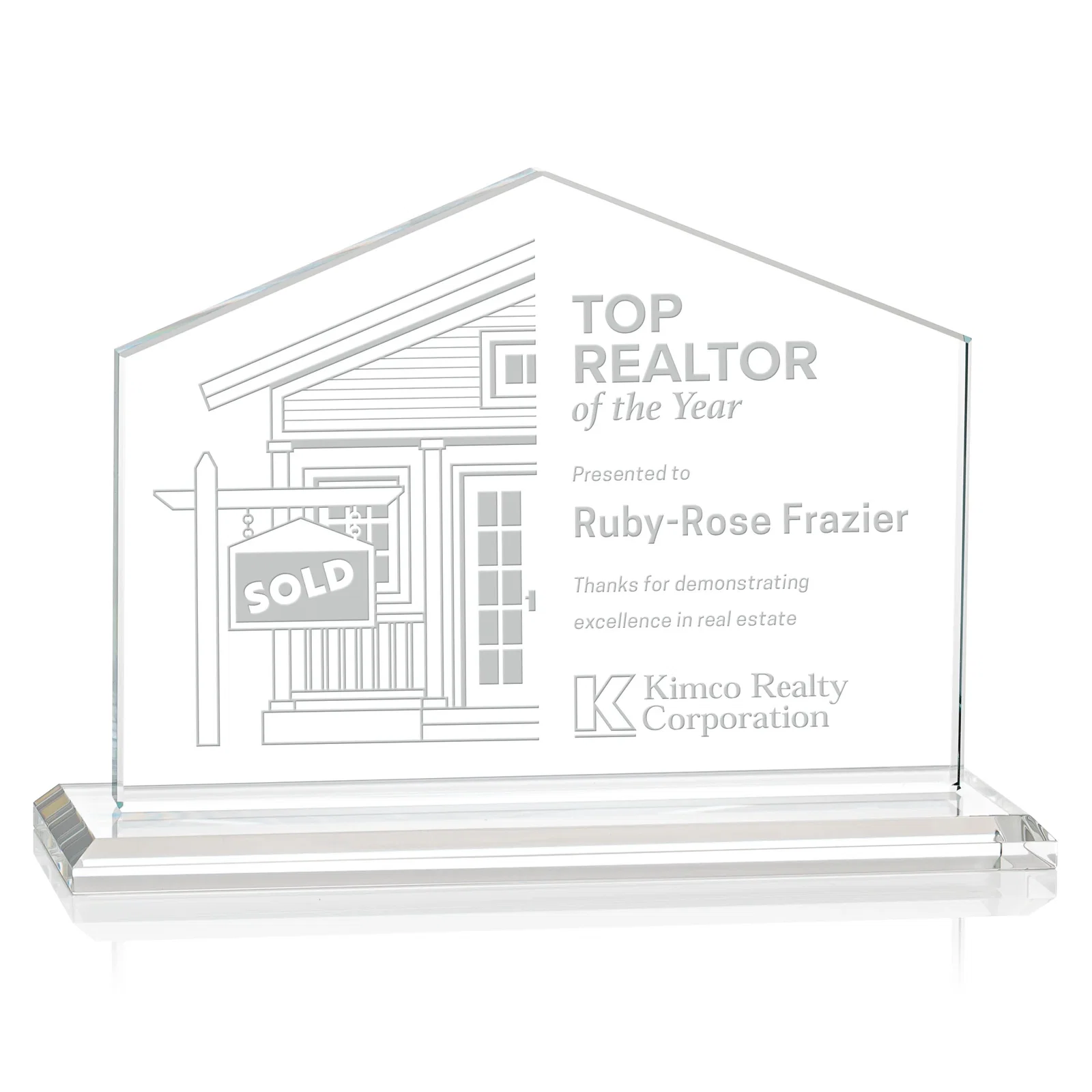 Custom Starfire Crystal Real Estate Award in Eight Base Colors for retirement presentations