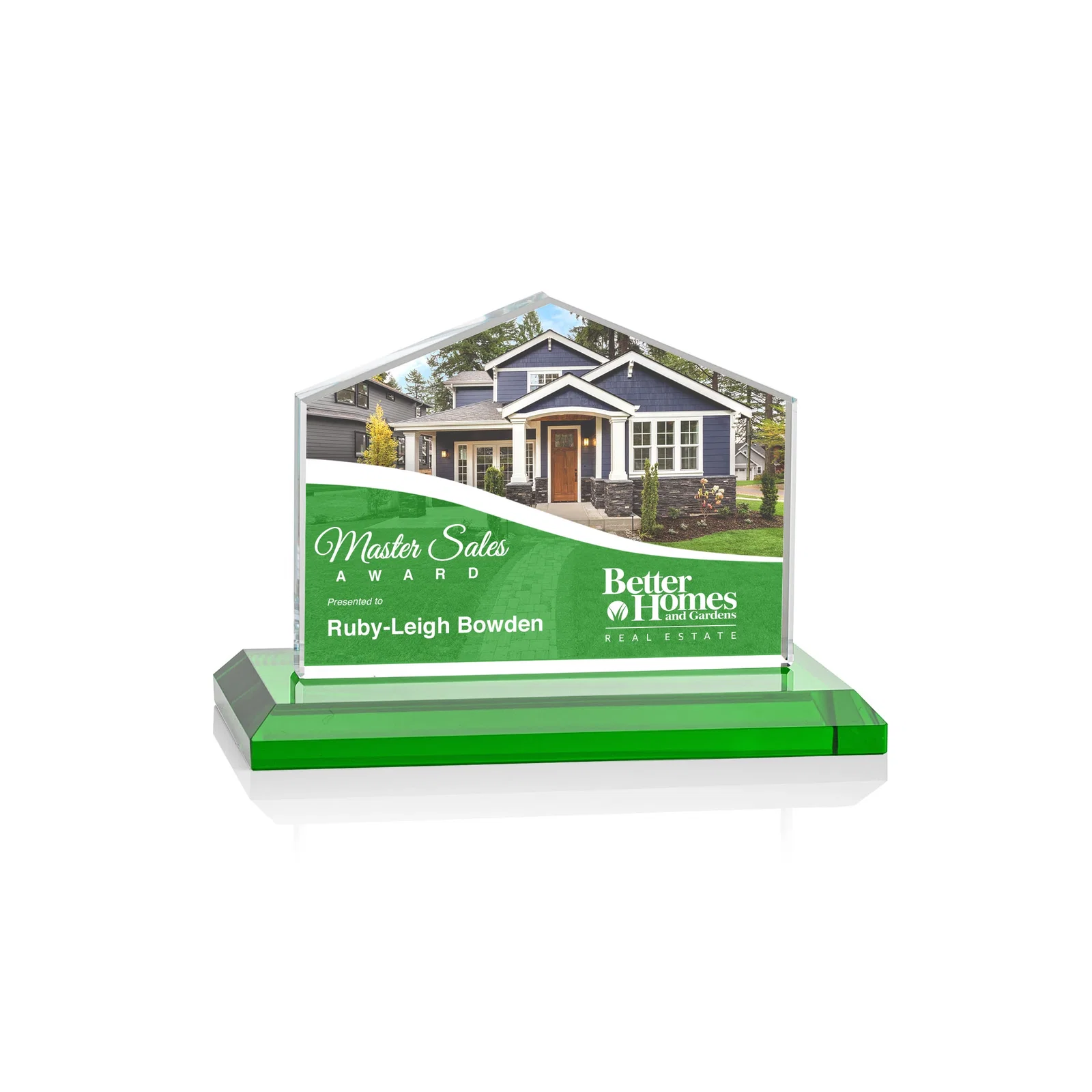 Custom printed Starfire Crystal Real Estate Award in Eight Base Colors for sales achievement awards