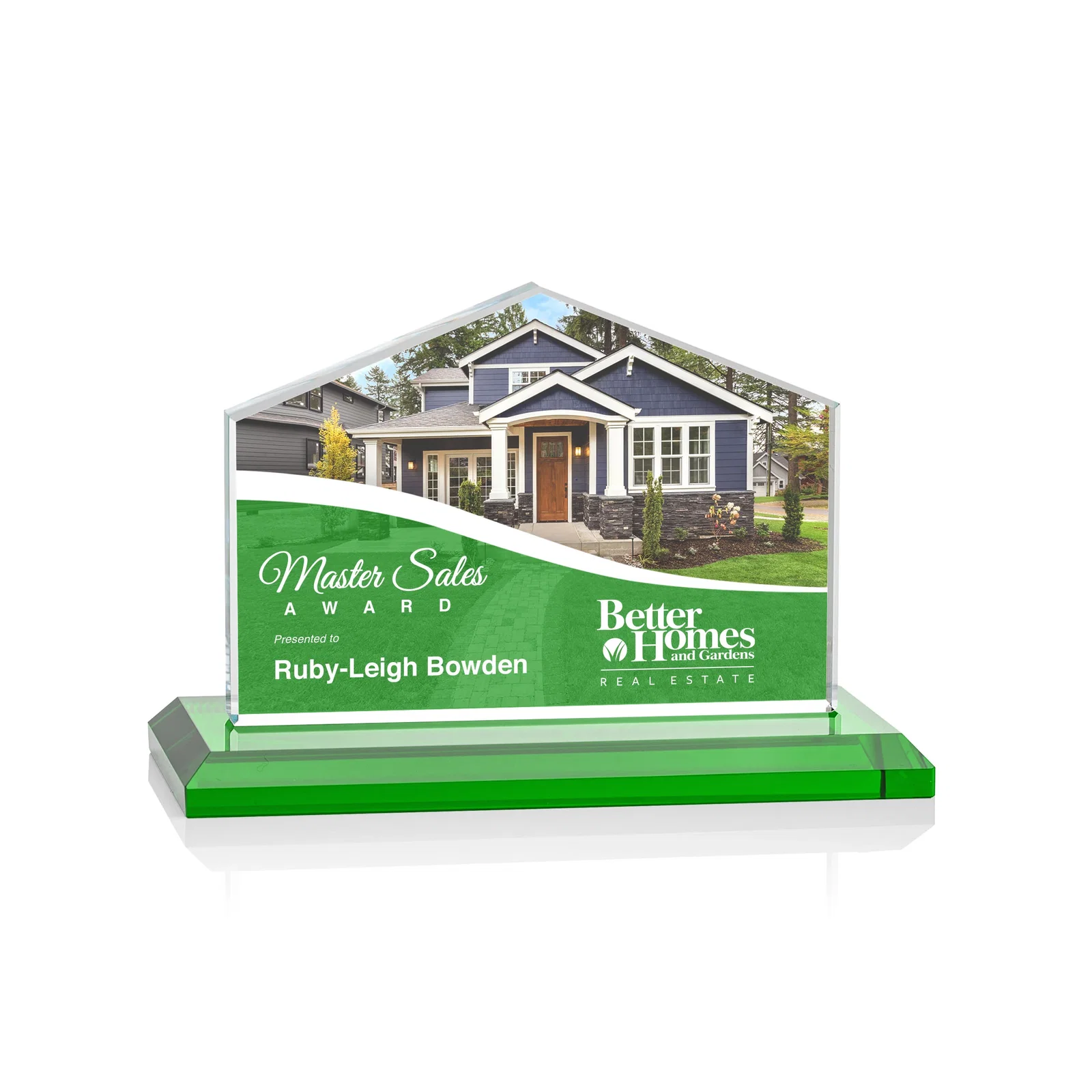 Custom printed Starfire Crystal Real Estate Award in Eight Base Colors for retirement presentations