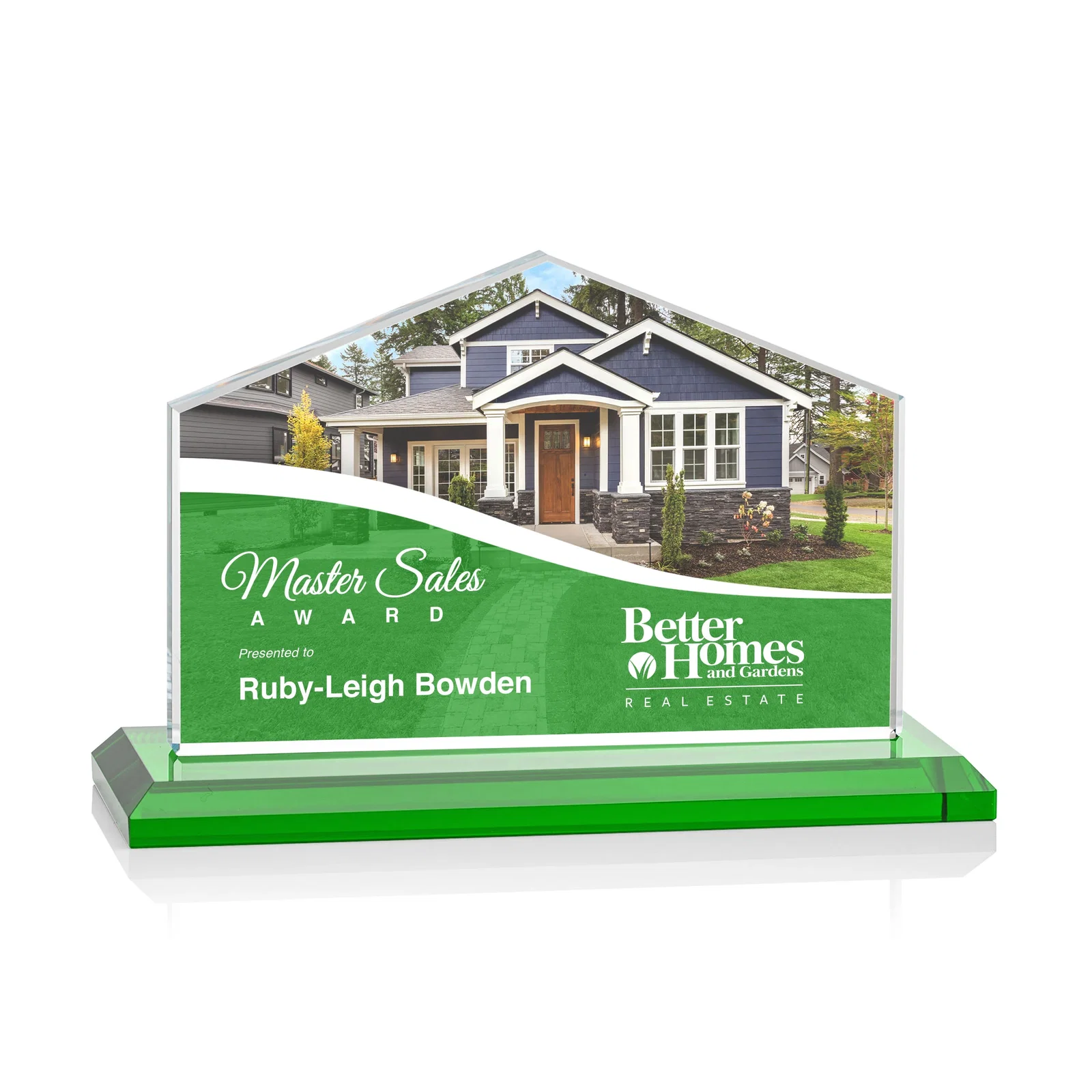 Custom printed Starfire Crystal Real Estate Award in Eight Base Colors for team milestone celebrations