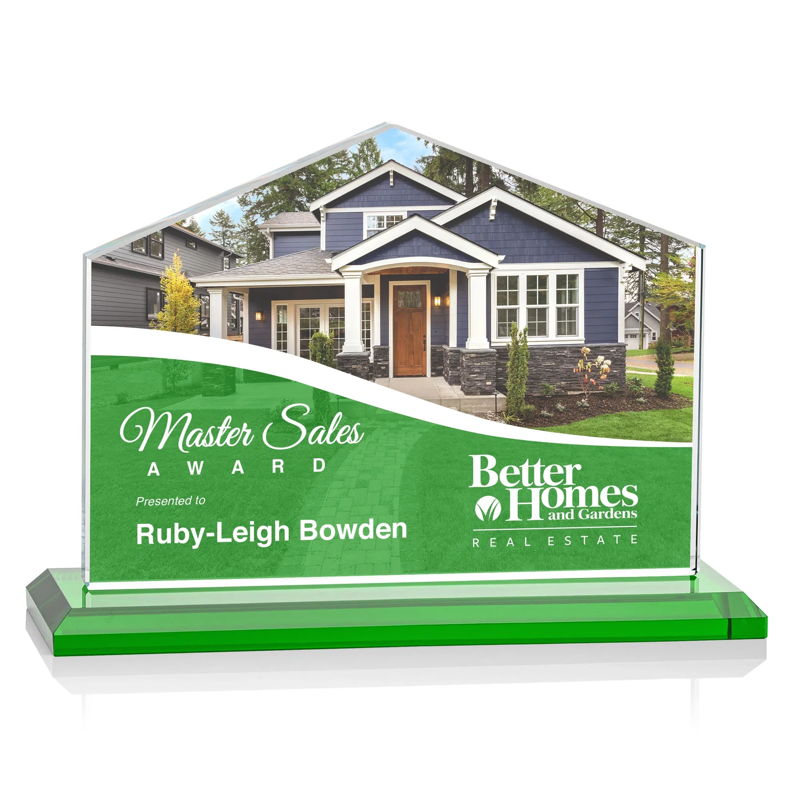 Custom printed Starfire Crystal Real Estate Award in Eight Base Colors for donor appreciation