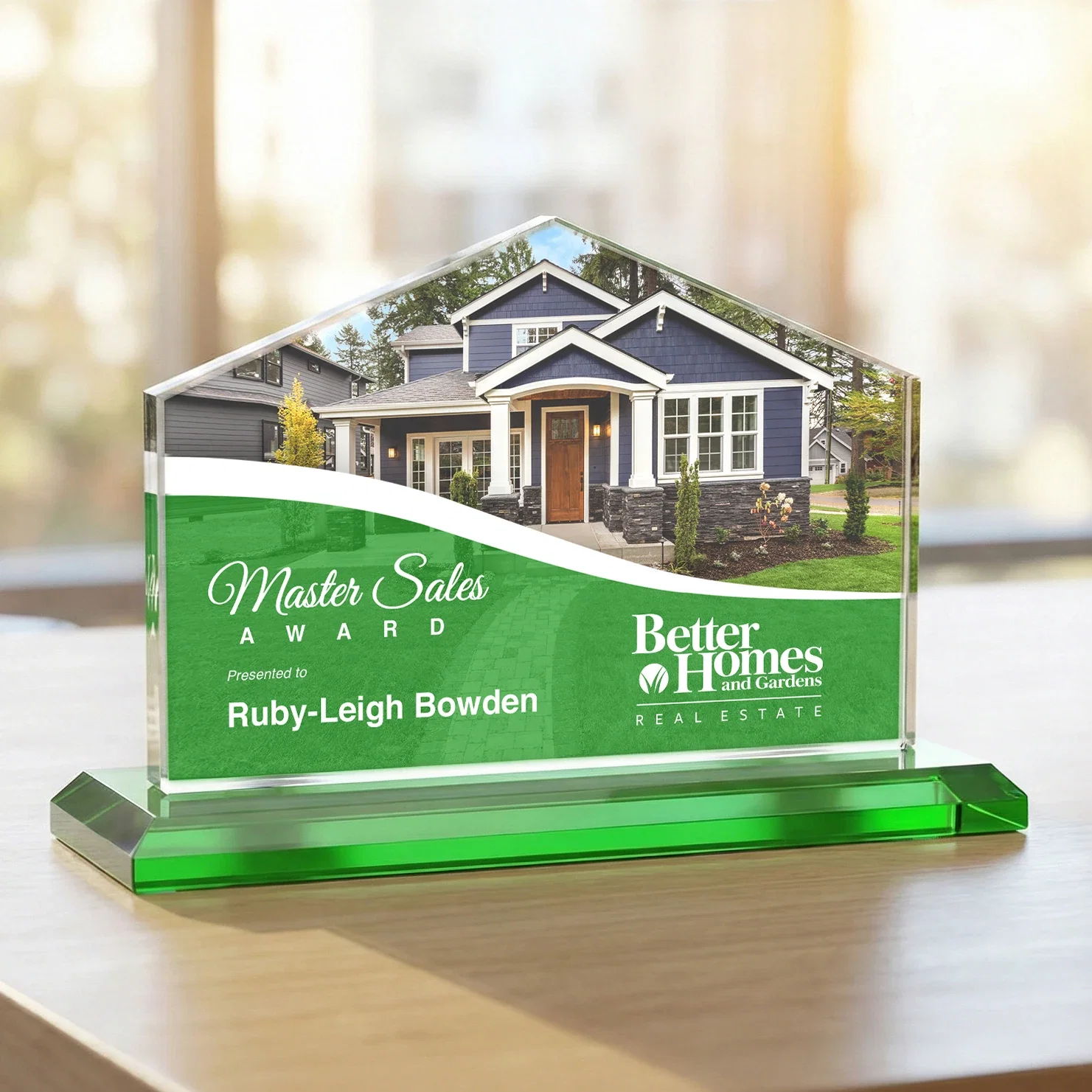 Custom printed Starfire Crystal Real Estate Award in Eight Base Colors for graduation ceremonies