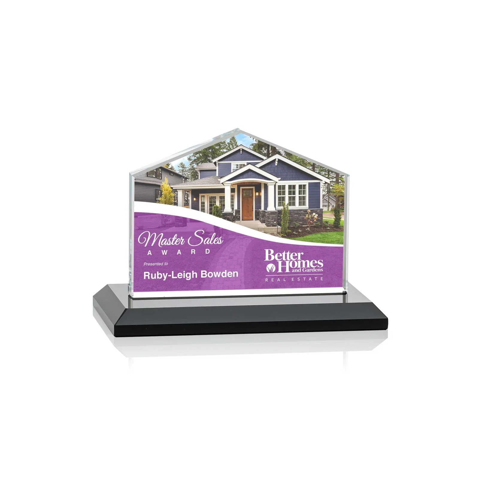 Custom printed Starfire Crystal Real Estate Award in Eight Base Colors for volunteer appreciation