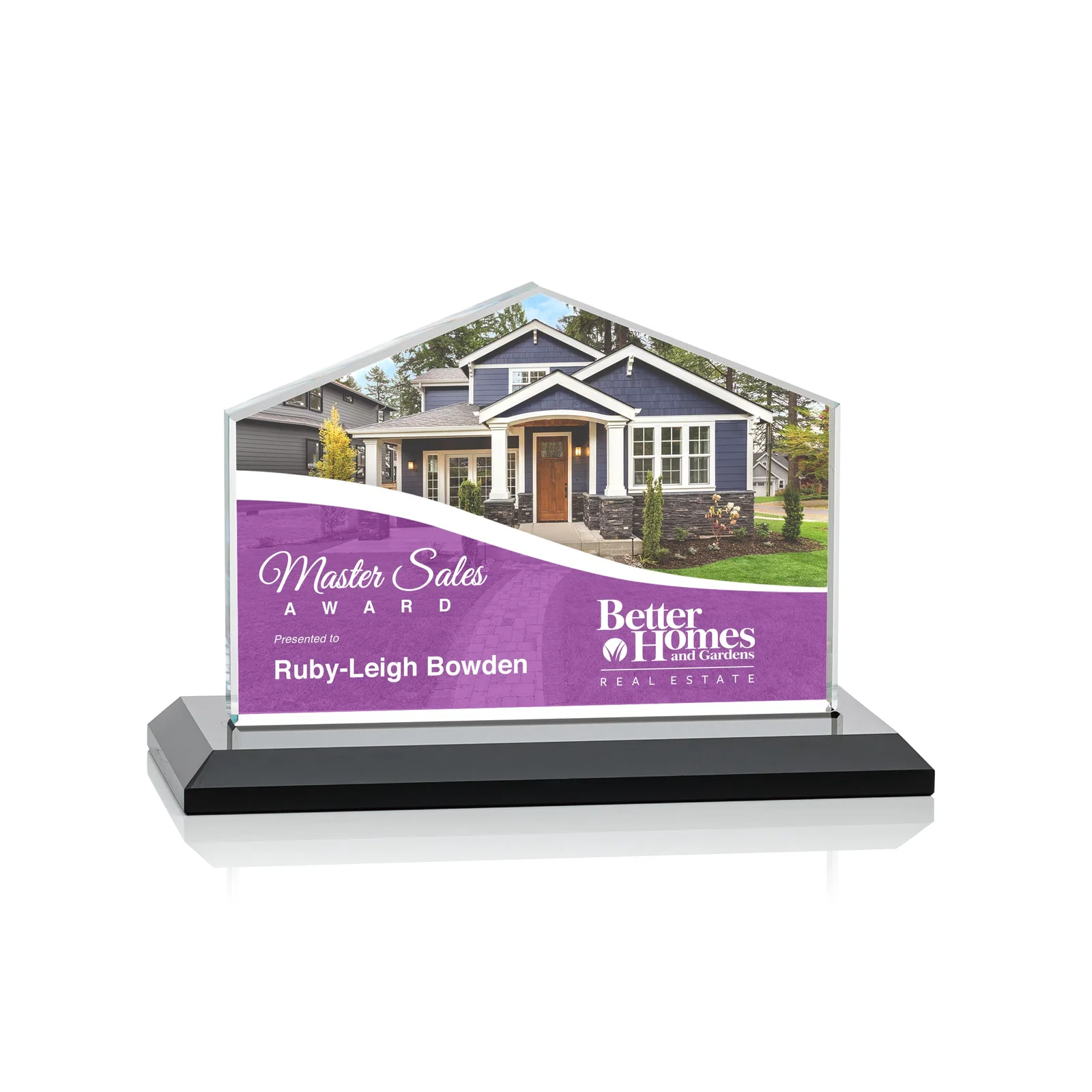 Custom printed Starfire Crystal Real Estate Award in Eight Base Colors for dealer and partner awards