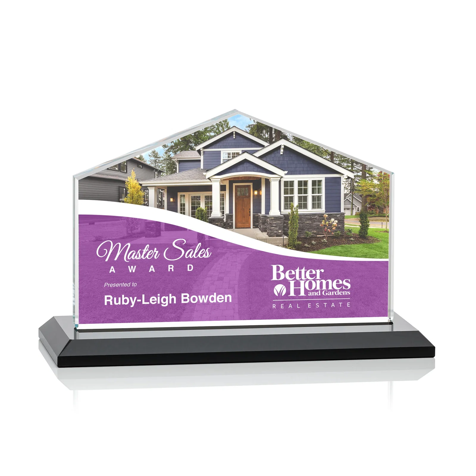Custom printed Starfire Crystal Real Estate Award in Eight Base Colors for company anniversary events