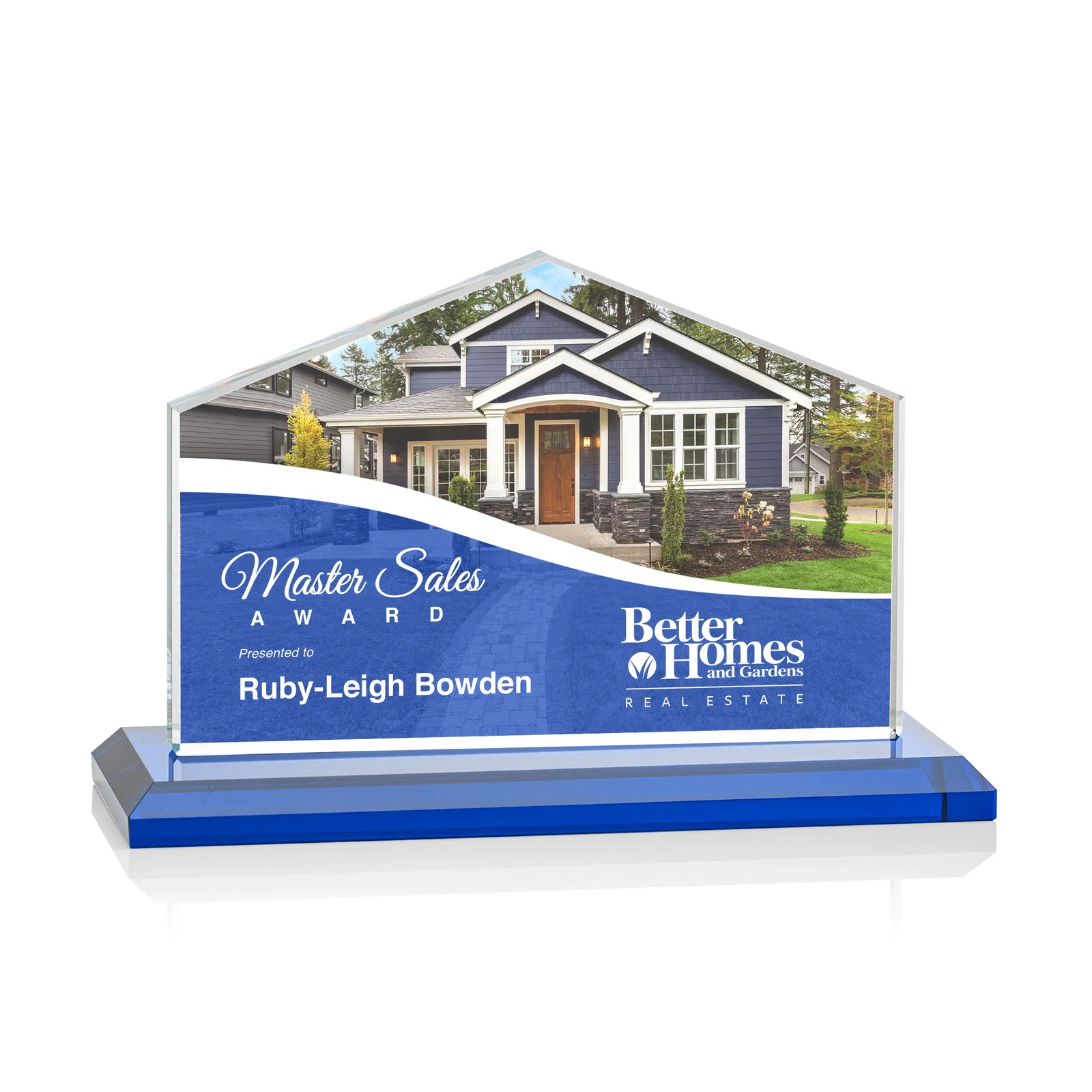 Customized Starfire Crystal Real Estate Award in Eight Base Colors for retirement presentations