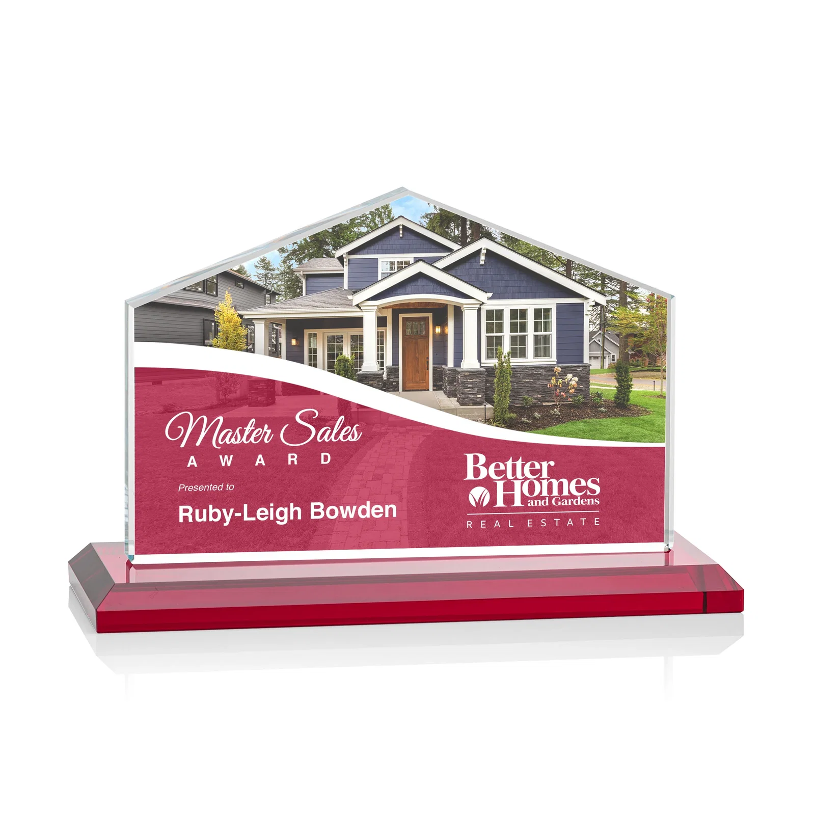 Customized Starfire Crystal Real Estate Award in Eight Base Colors for volunteer appreciation
