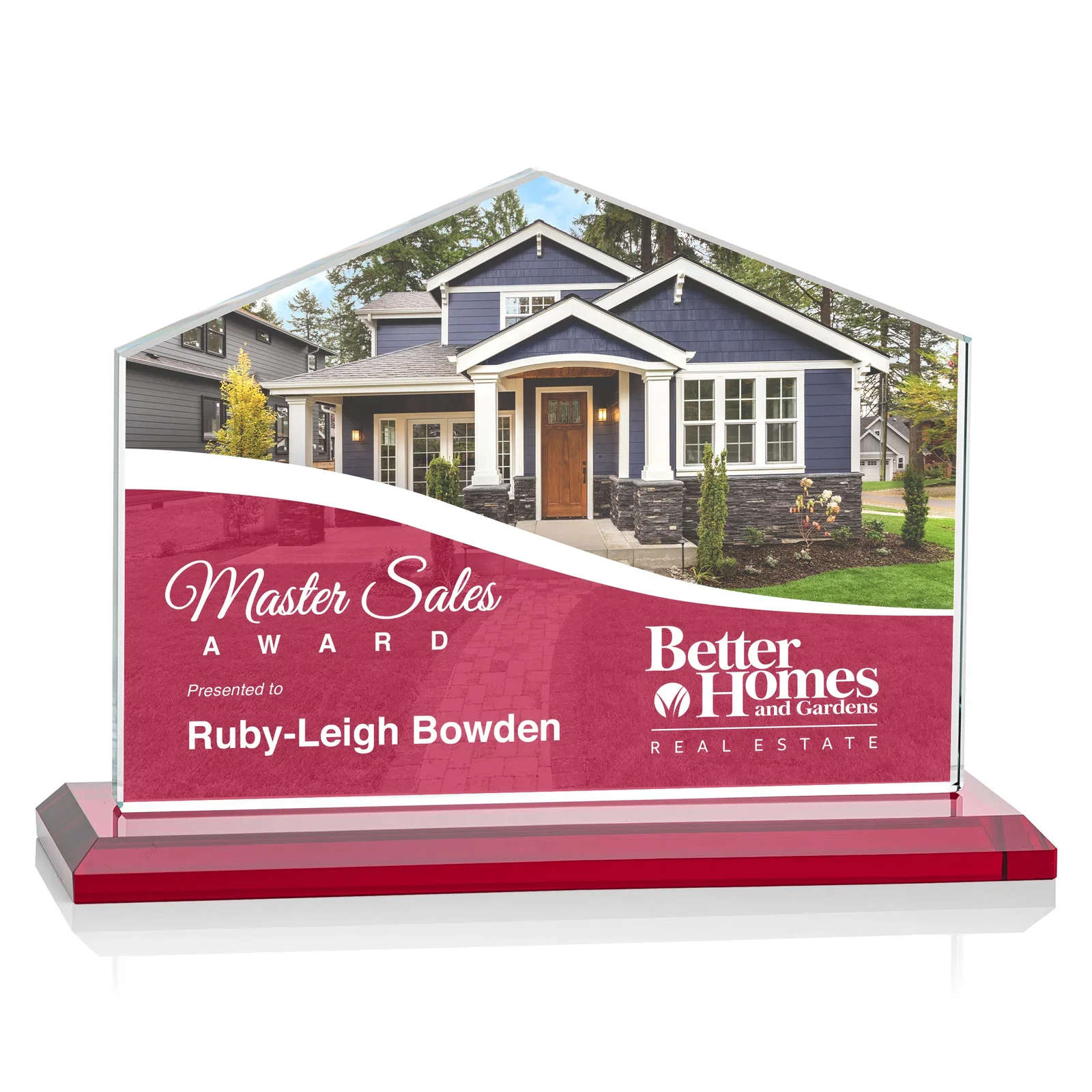 Customized Starfire Crystal Real Estate Award in Eight Base Colors for dealer and partner awards