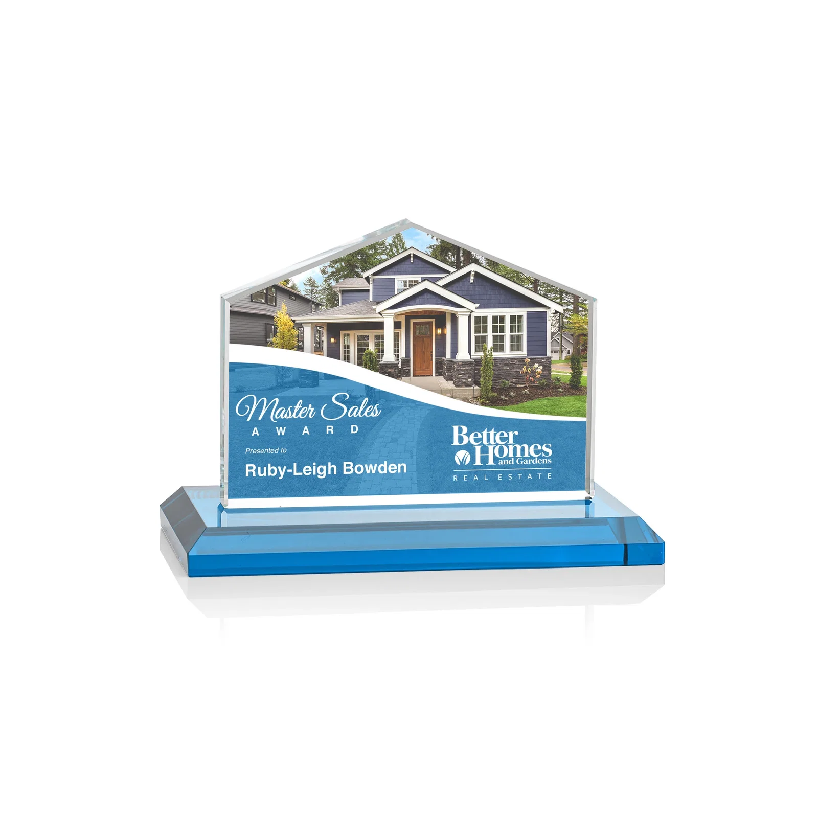Custom engraved Starfire Crystal Real Estate Award in Eight Base Colors for corporate award ceremonies