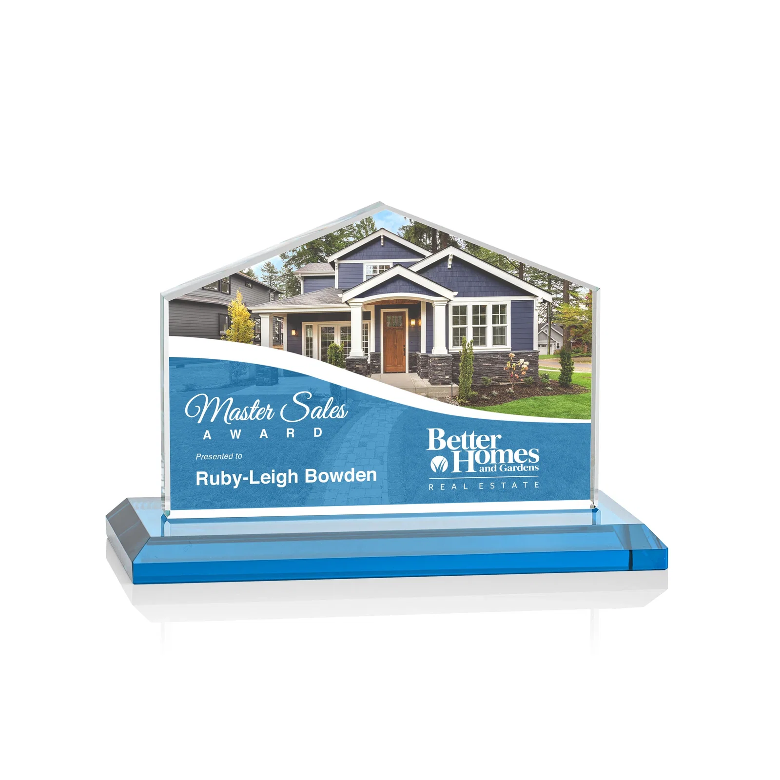 Custom engraved Starfire Crystal Real Estate Award in Eight Base Colors for service anniversary gifts