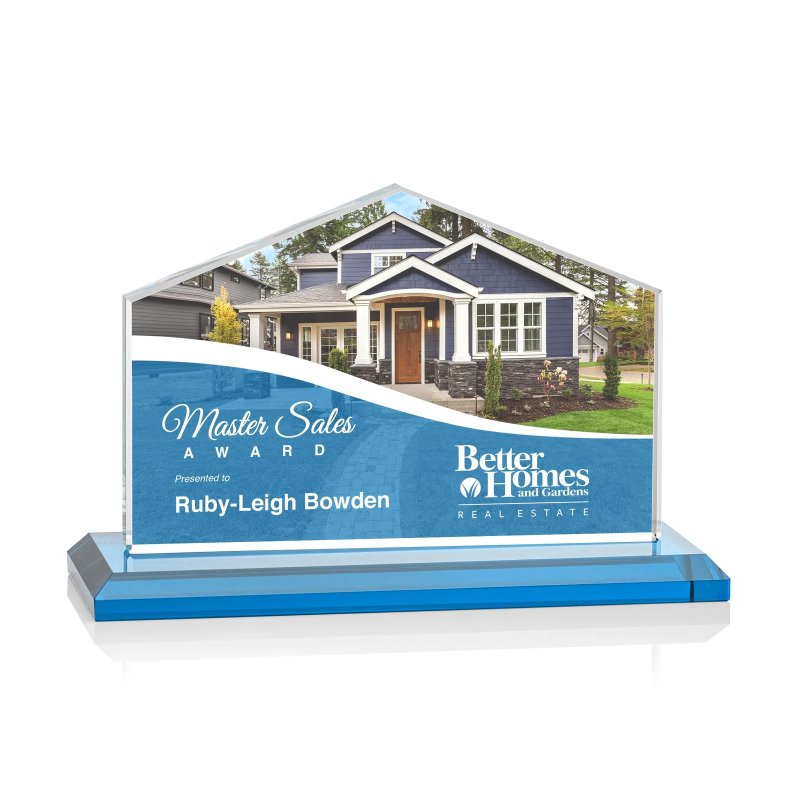 Custom engraved Starfire Crystal Real Estate Award in Eight Base Colors for sales achievement awards
