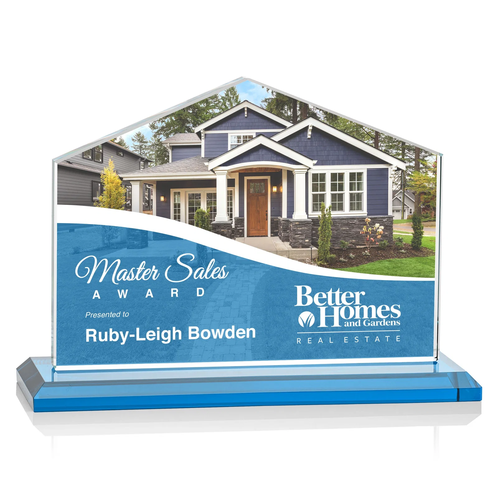 Custom engraved Starfire Crystal Real Estate Award in Eight Base Colors for retirement presentations