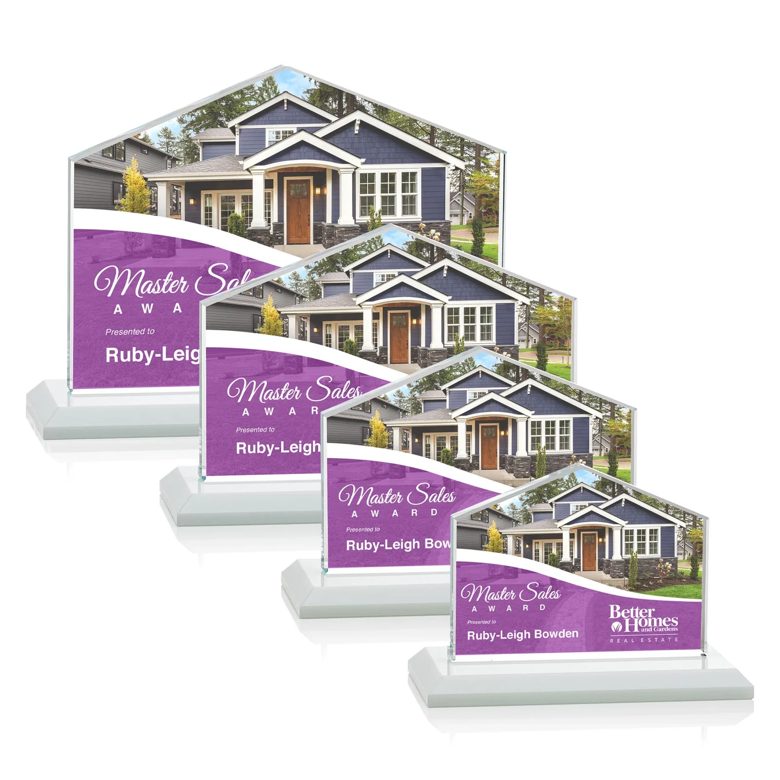 Custom engraved Starfire Crystal Real Estate Award in Eight Base Colors for team milestone celebrations