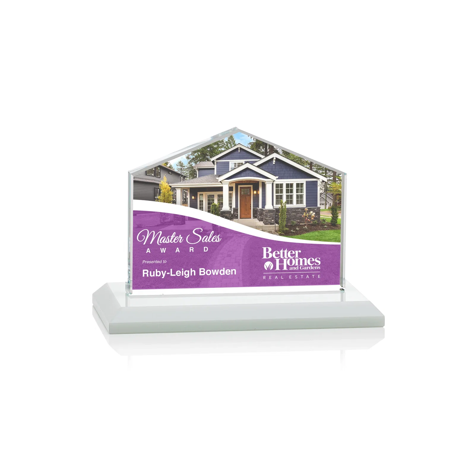 Custom engraved Starfire Crystal Real Estate Award in Eight Base Colors for donor appreciation