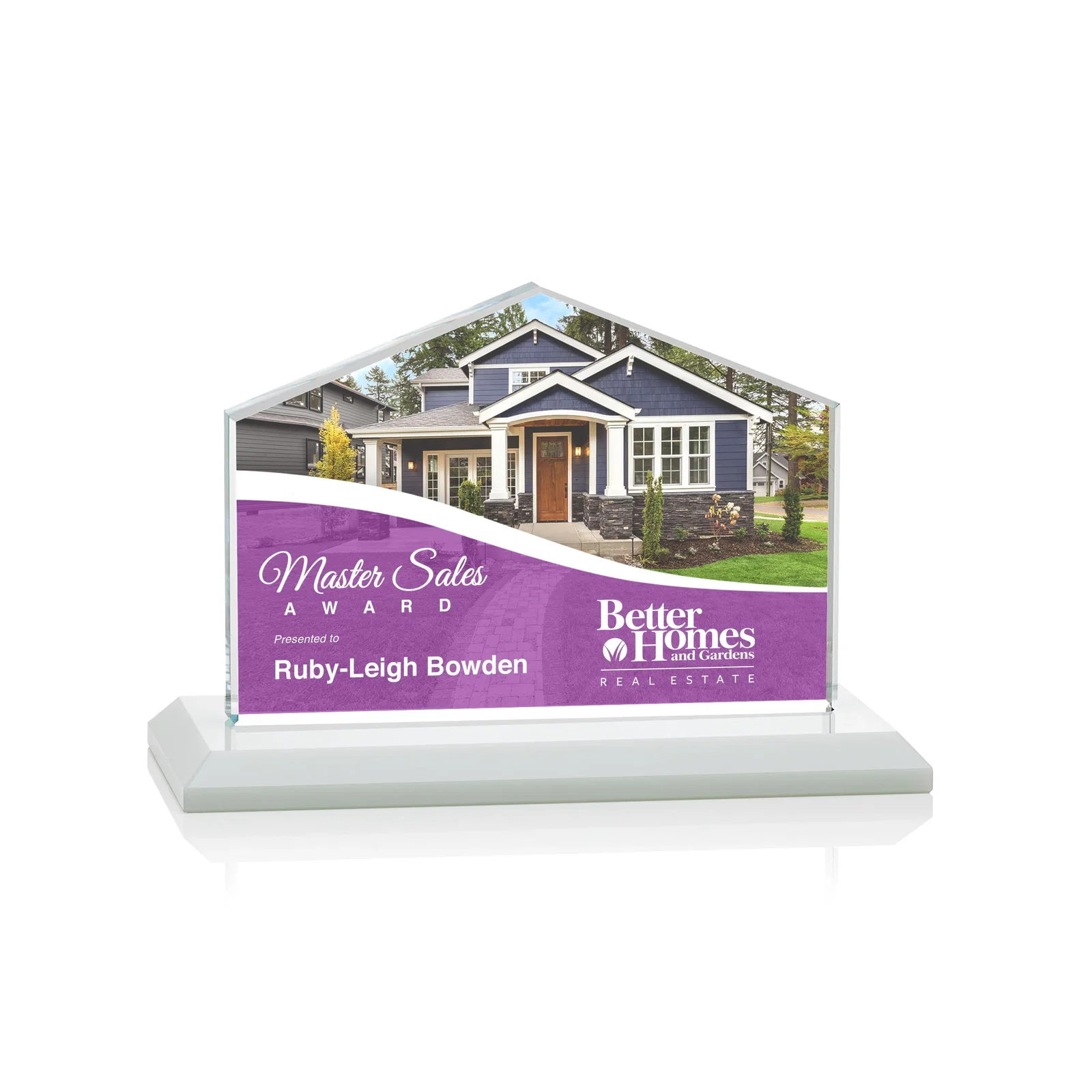 Custom engraved Starfire Crystal Real Estate Award in Eight Base Colors for graduation ceremonies