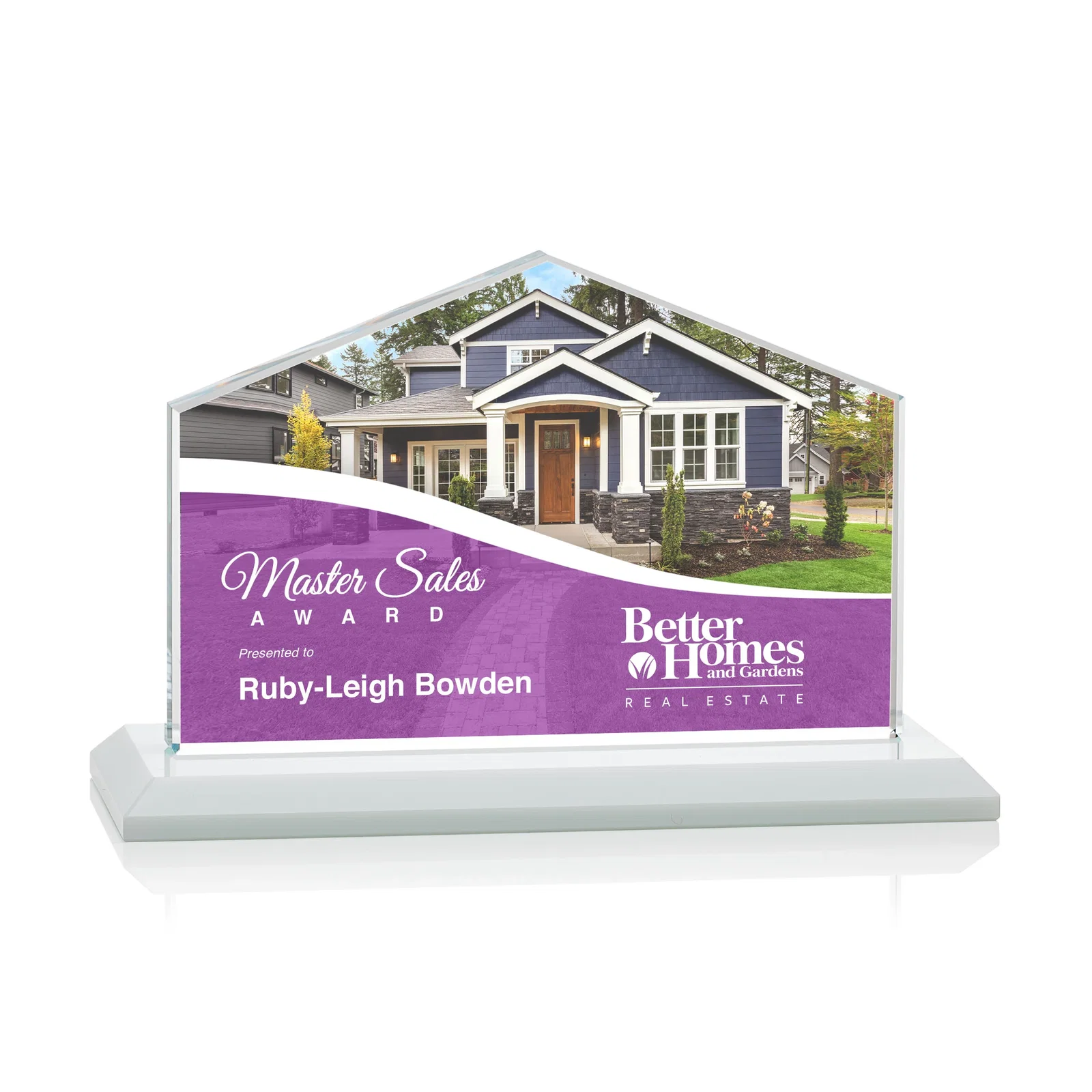Custom engraved Starfire Crystal Real Estate Award in Eight Base Colors for safety achievement programs
