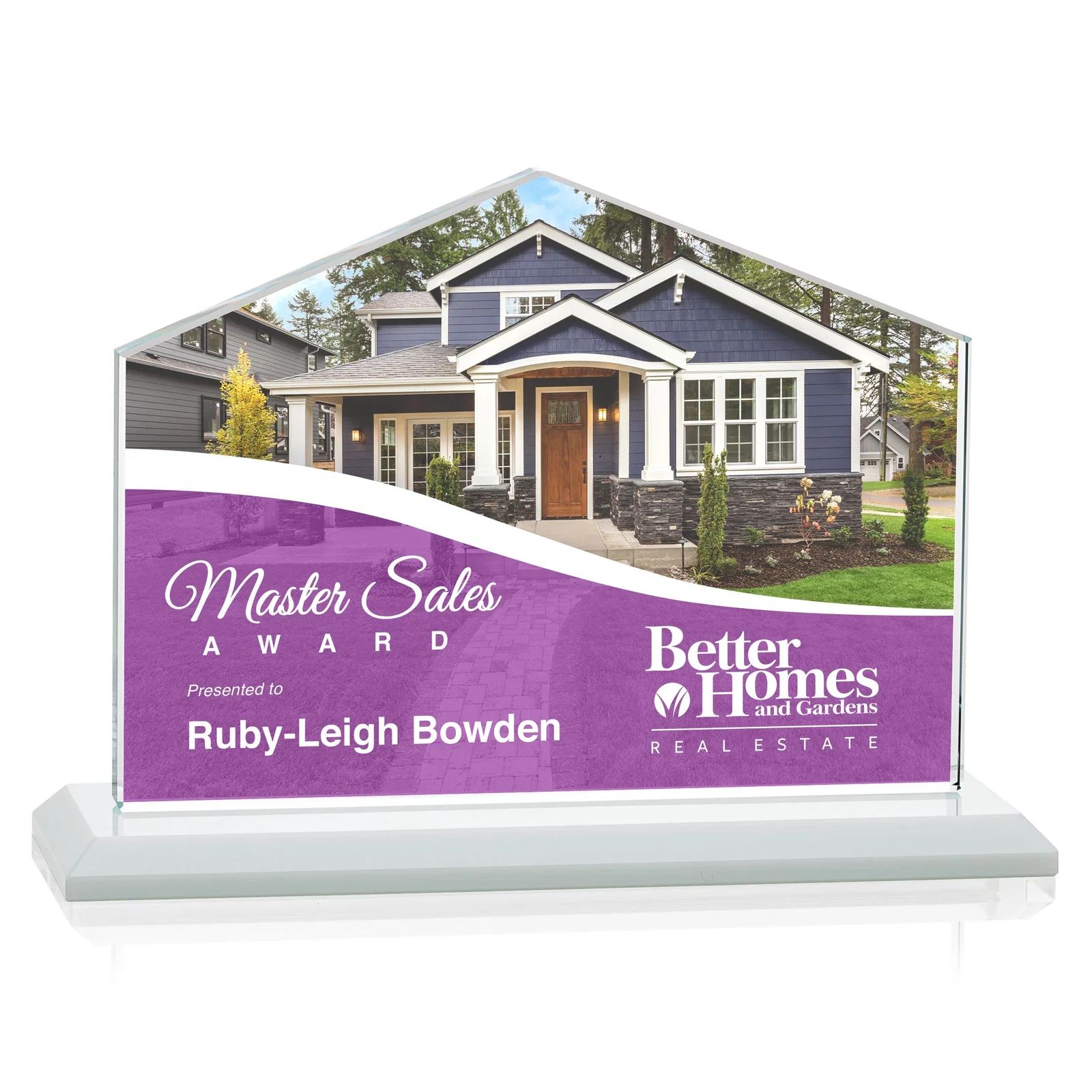 Custom engraved Starfire Crystal Real Estate Award in Eight Base Colors for volunteer appreciation