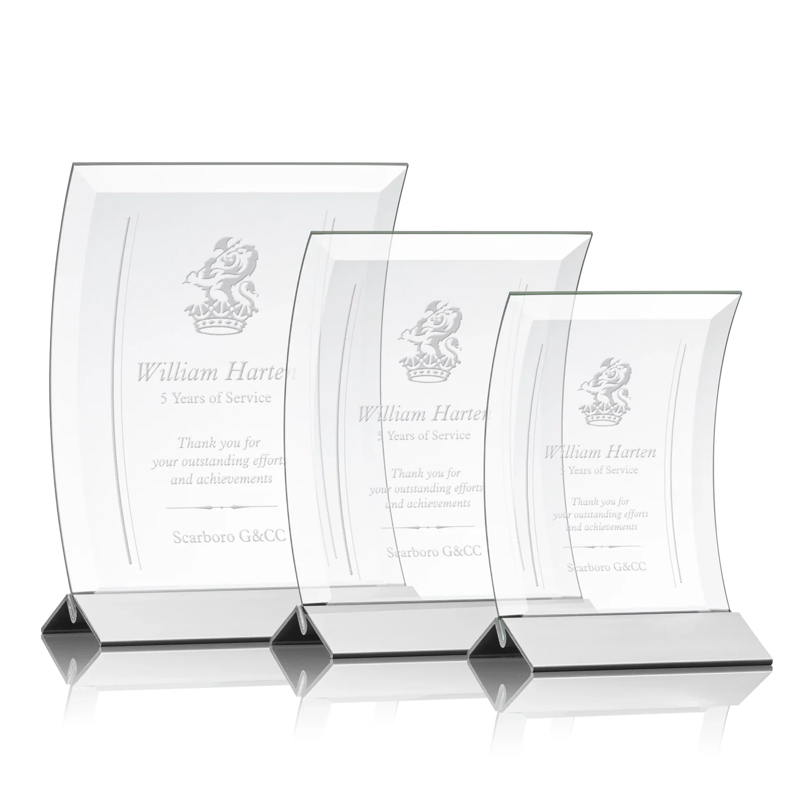 Personalized Curved Starfire Crystal Award on a Choice of Metal Bases for employee recognition