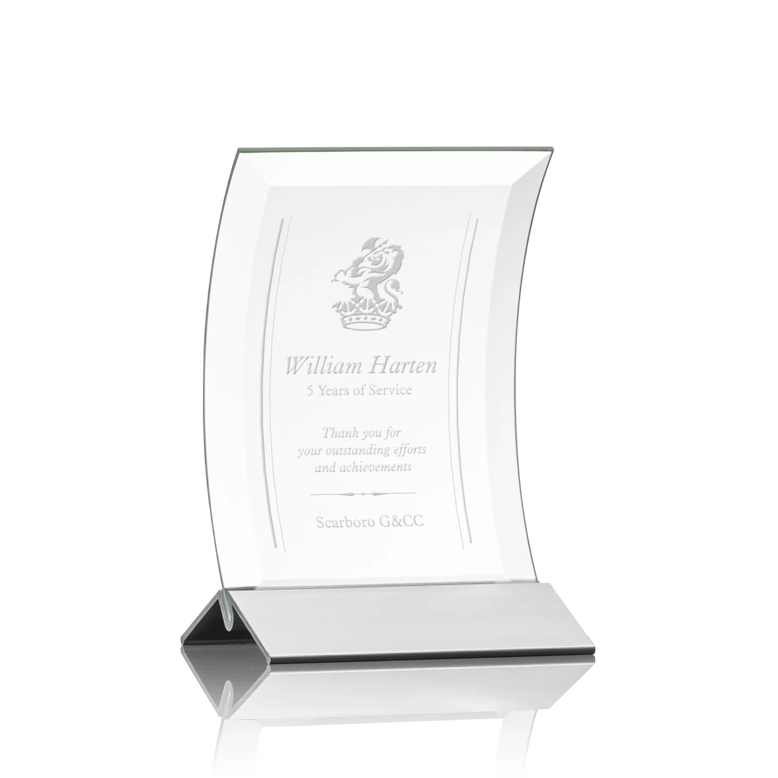 Personalized Curved Starfire Crystal Award on a Choice of Metal Bases for corporate award ceremonies