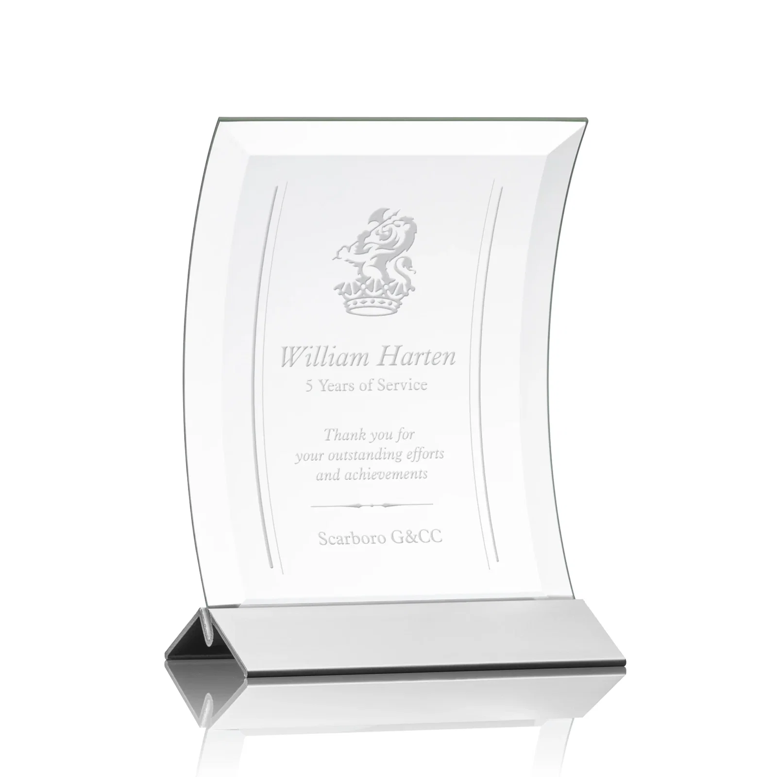 Personalized Curved Starfire Crystal Award on a Choice of Metal Bases for service anniversary gifts