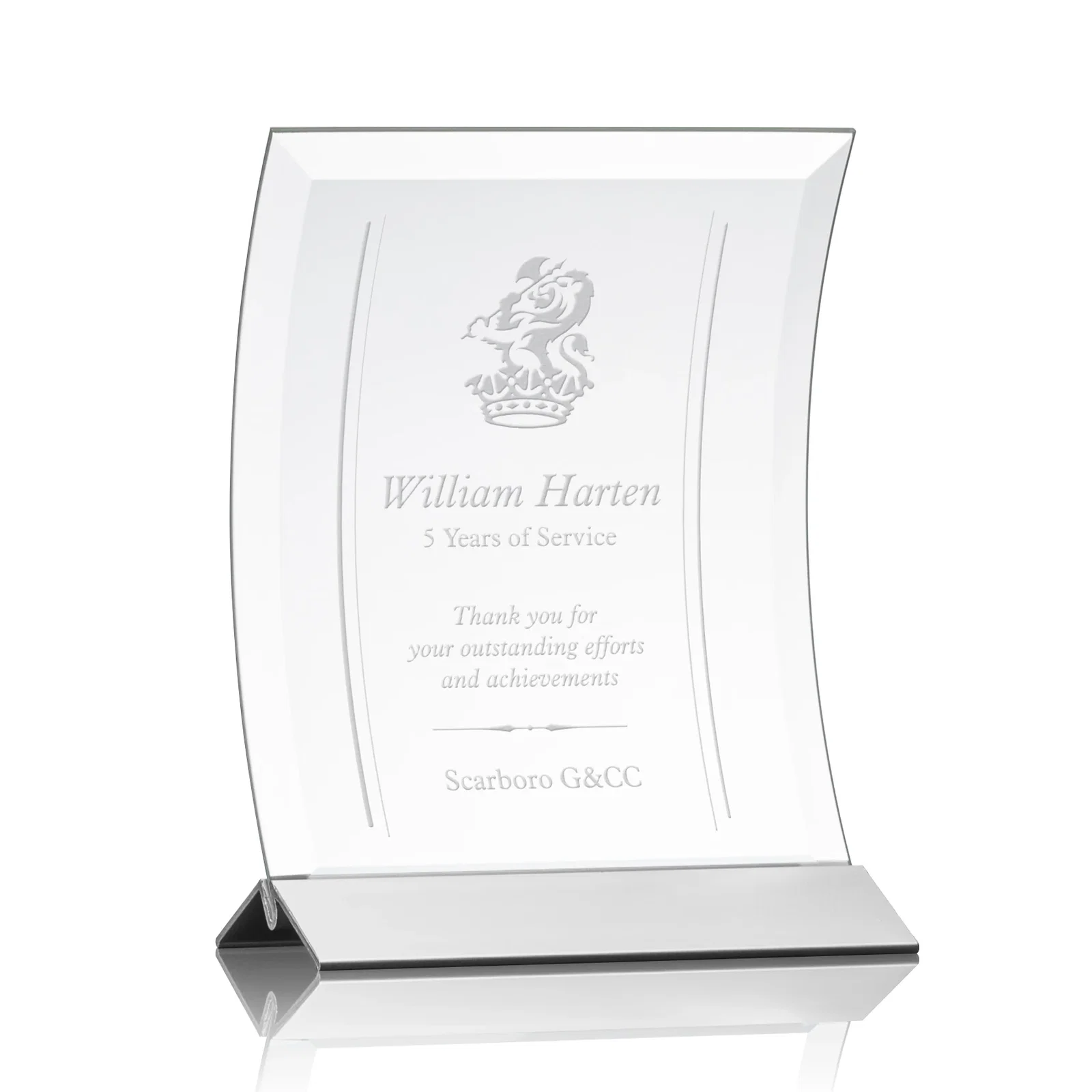 Personalized Curved Starfire Crystal Award on a Choice of Metal Bases for sales achievement awards