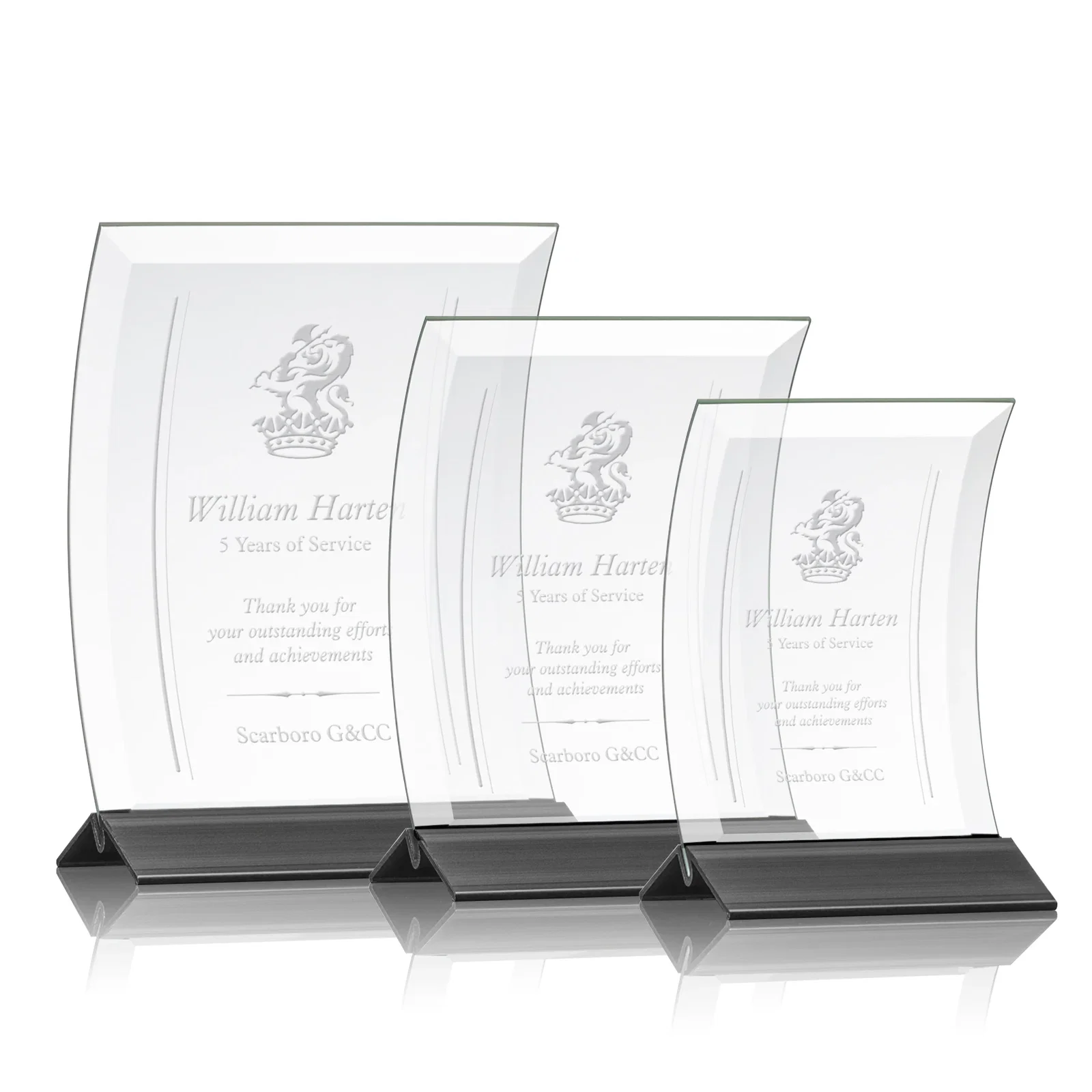 Personalized Curved Starfire Crystal Award on a Choice of Metal Bases for retirement presentations